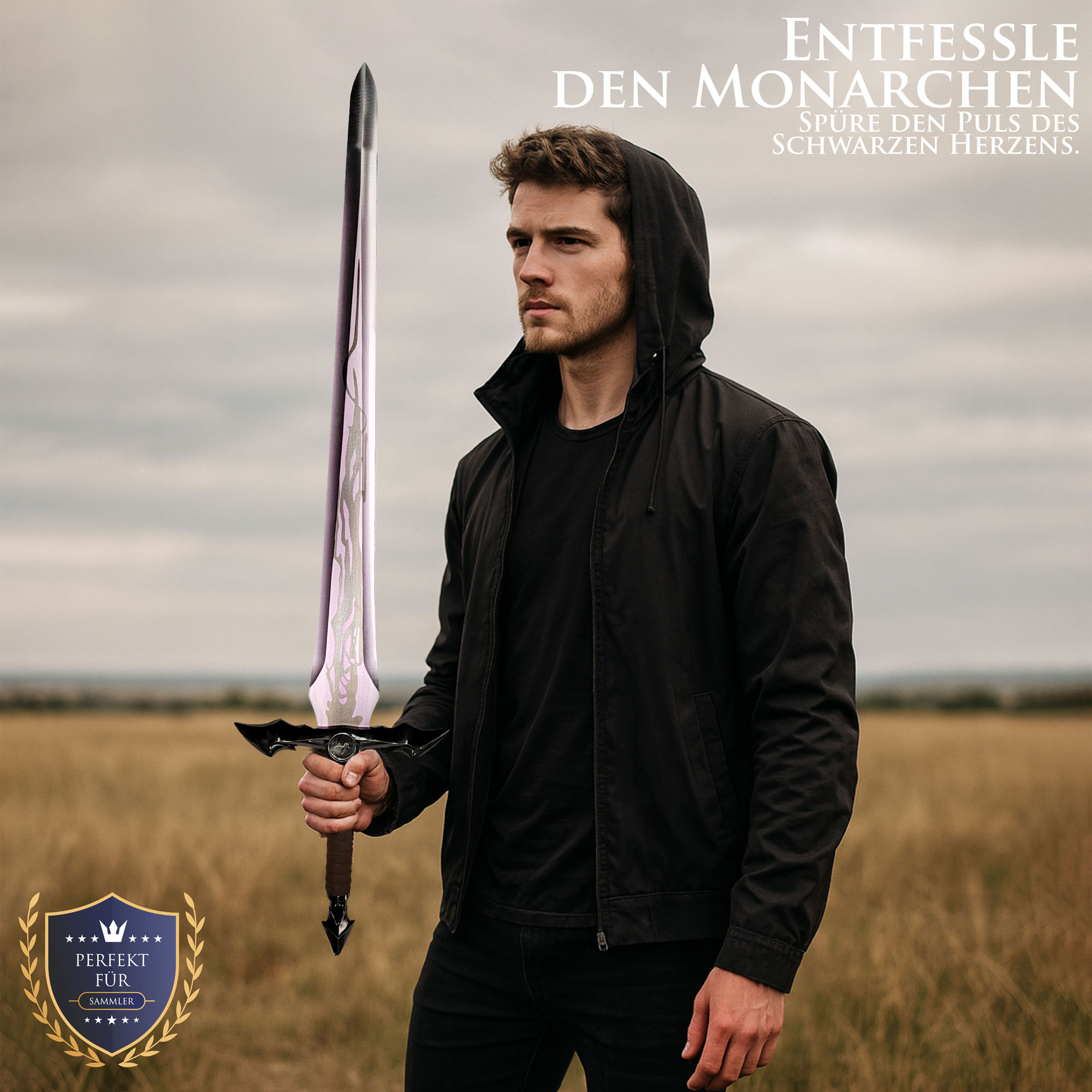 Solo Leveling Dämonenkönig Langschwert von Sung Jinwoo | Black Heart Version 108cm | Lila schimmernde Stahlklinge | Massive Anime Replik mit Wandhalterung | Schattenmonarch Deko Waffe