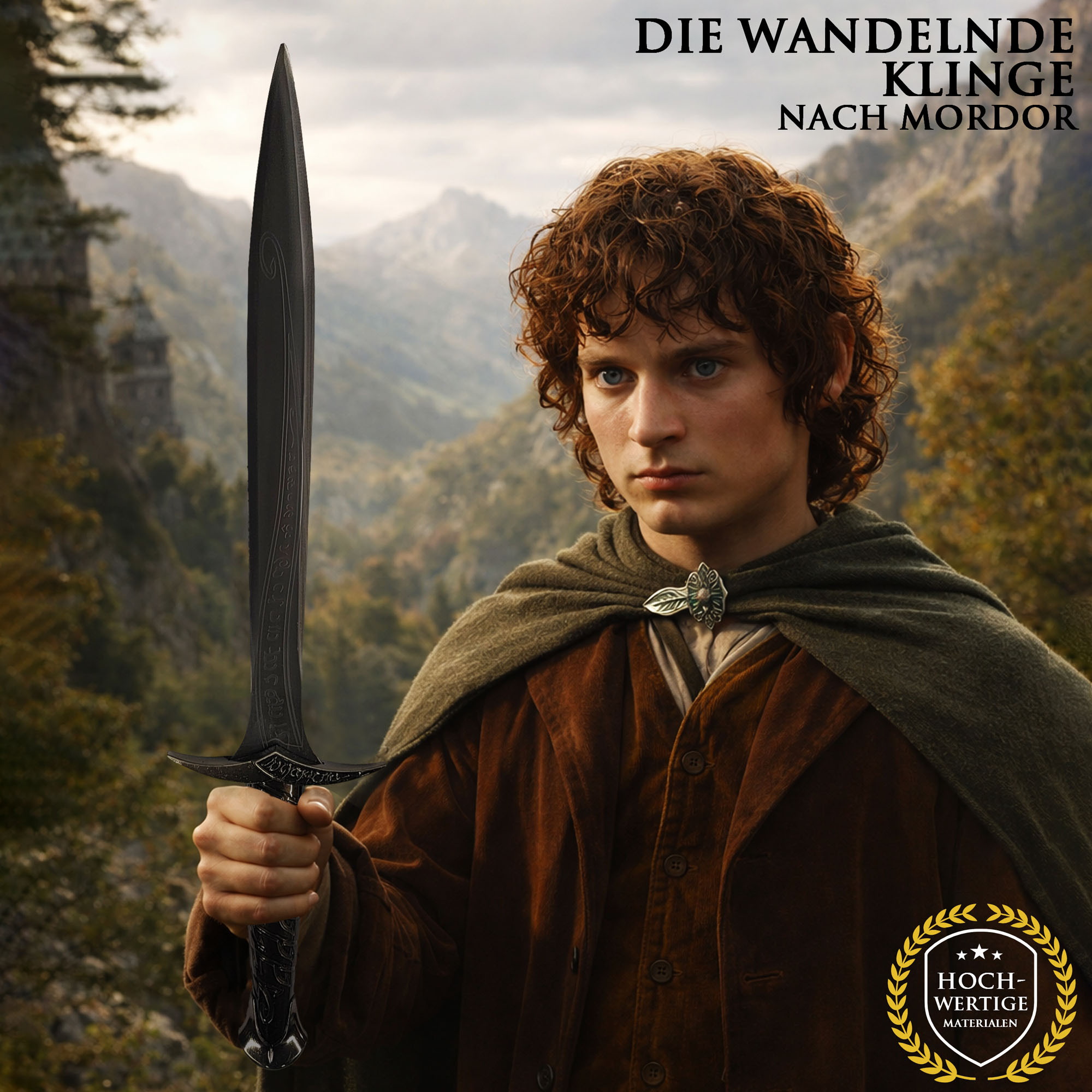 Fantasy Kurzschwert "Kleiner Abenteurer" mit Scheide 61,5cm | Halbling Dolch aus Edelstahl | Orkjäger Waffe für Cosplay & Deko | Schwarz/Anthrazit Edition