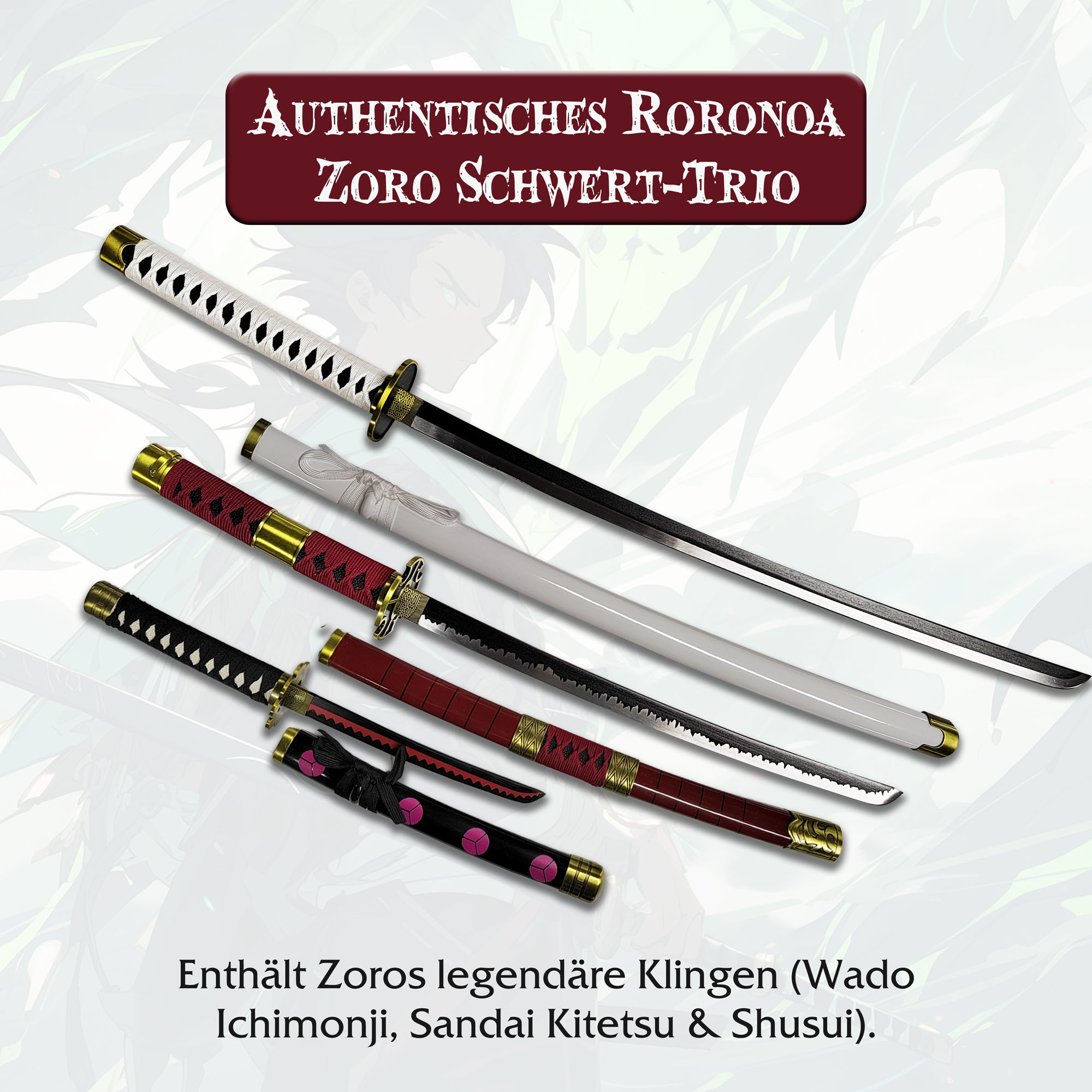 One Piece Roronoa Zoro Schwert-Set 3-teilig: Wado Ichimonji, Sandai Kitetsu & Shuusui | Stahlklingen Katana, Wakizashi & Tanto mit Ständer | Anime Deko Sammlerstück