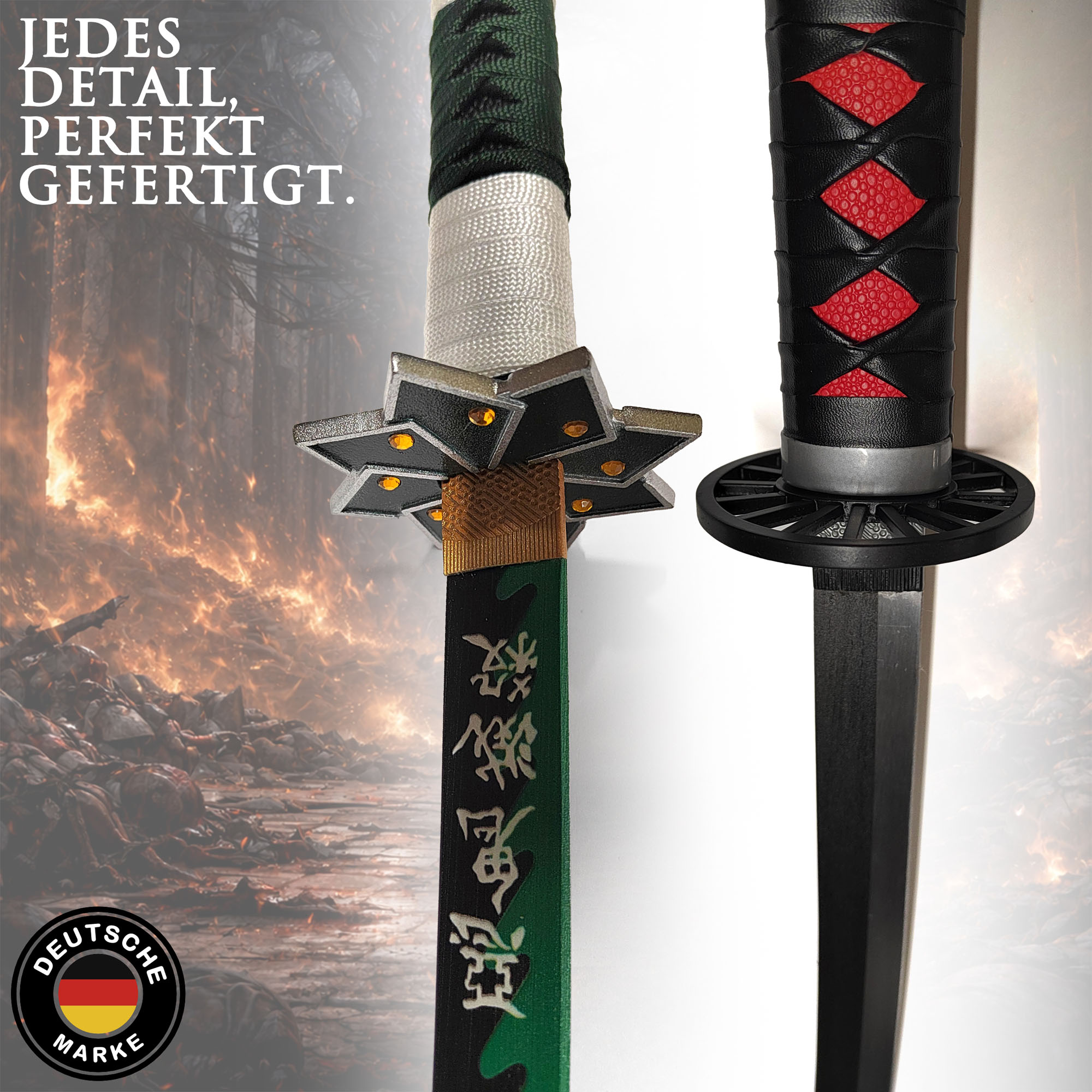 Demon Slayer Schwerter Set 3-teilig mit Ständer – Katana Wakizashi Tanto Replik Set – Anime Schwerter aus Stahl mit Holzständer Cosplay & Sammlerstück