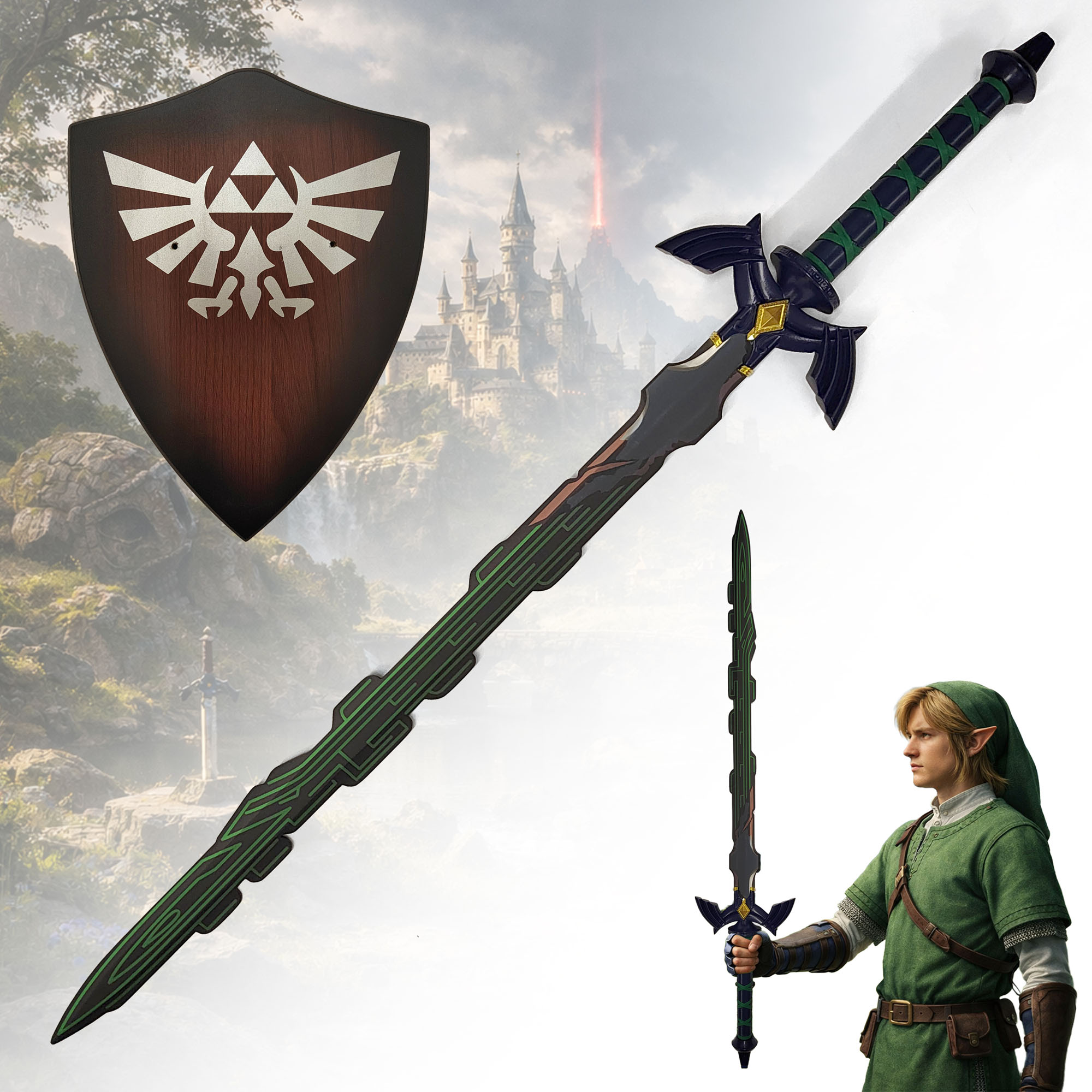 Zelda Meisterschwert Relic Reborn Replik 98 cm mit Wandhalter – Master Sword Deko Schwert mit Stahlklinge – Legend of Zelda Fanartikel Cosplay Sammlerstück inkl. Holz Wandtafel