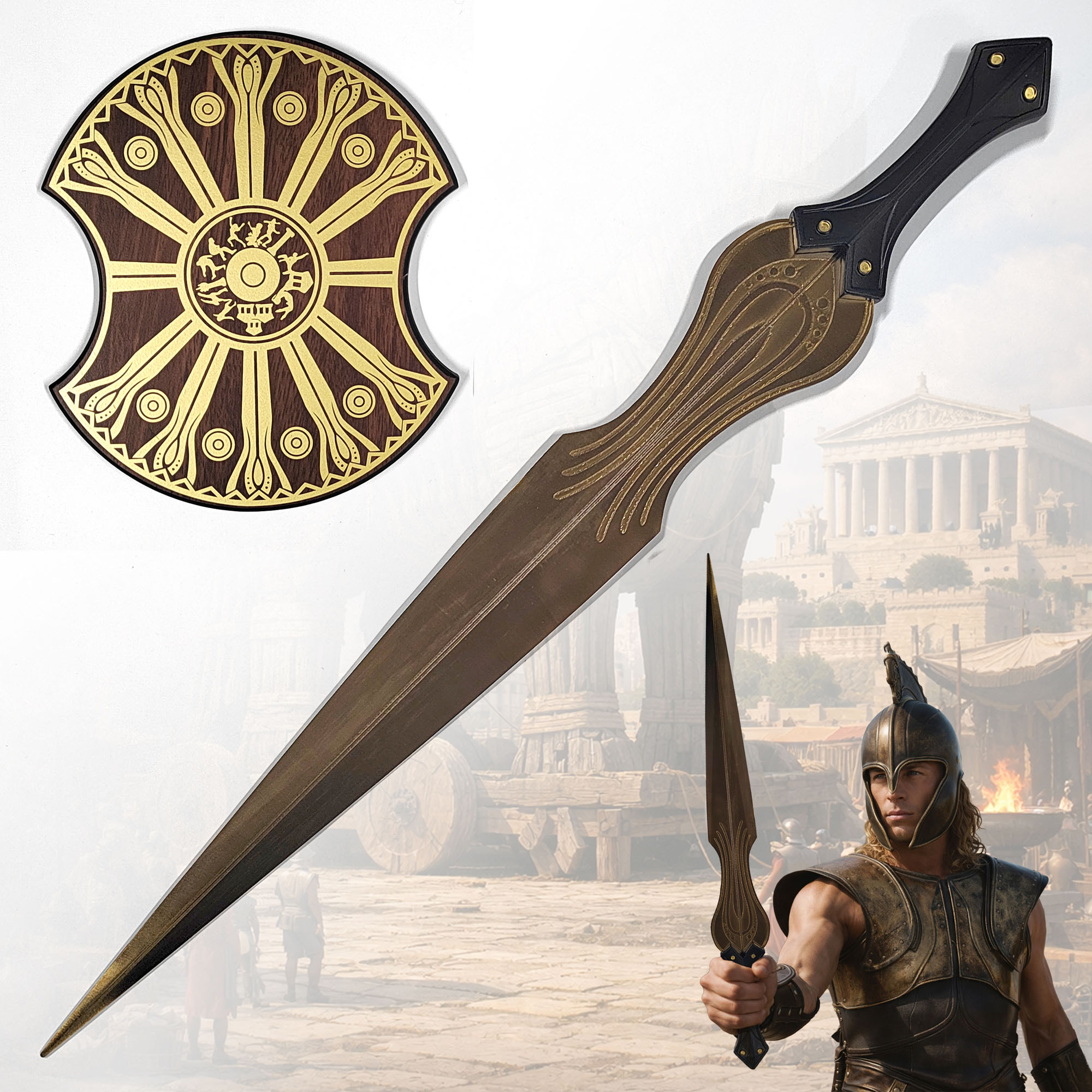 Troja Achilles Schwert 80cm | Brad Pitt Film Replik aus Stahl mit Wandhalter | Antikes Griechisches Kurzschwert (Xiphos) | Deko Waffe & Kostümzubehör