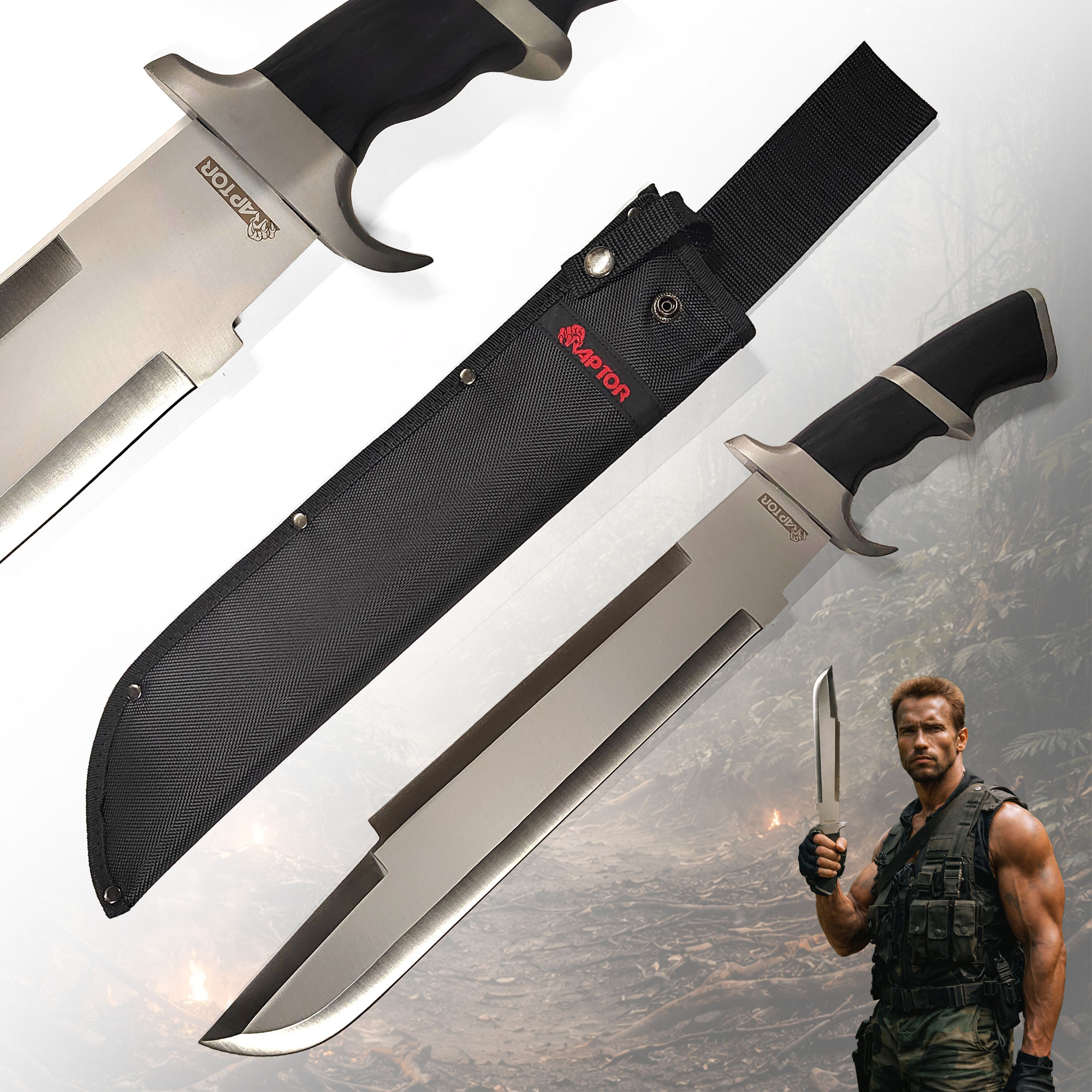 Predator Machete 52 cm mit Scheide – Dutch Schaeffer Messer Replik aus Predator Film – Edelstahl Klinge Outdoor Machete Sammlerstück Cosplay