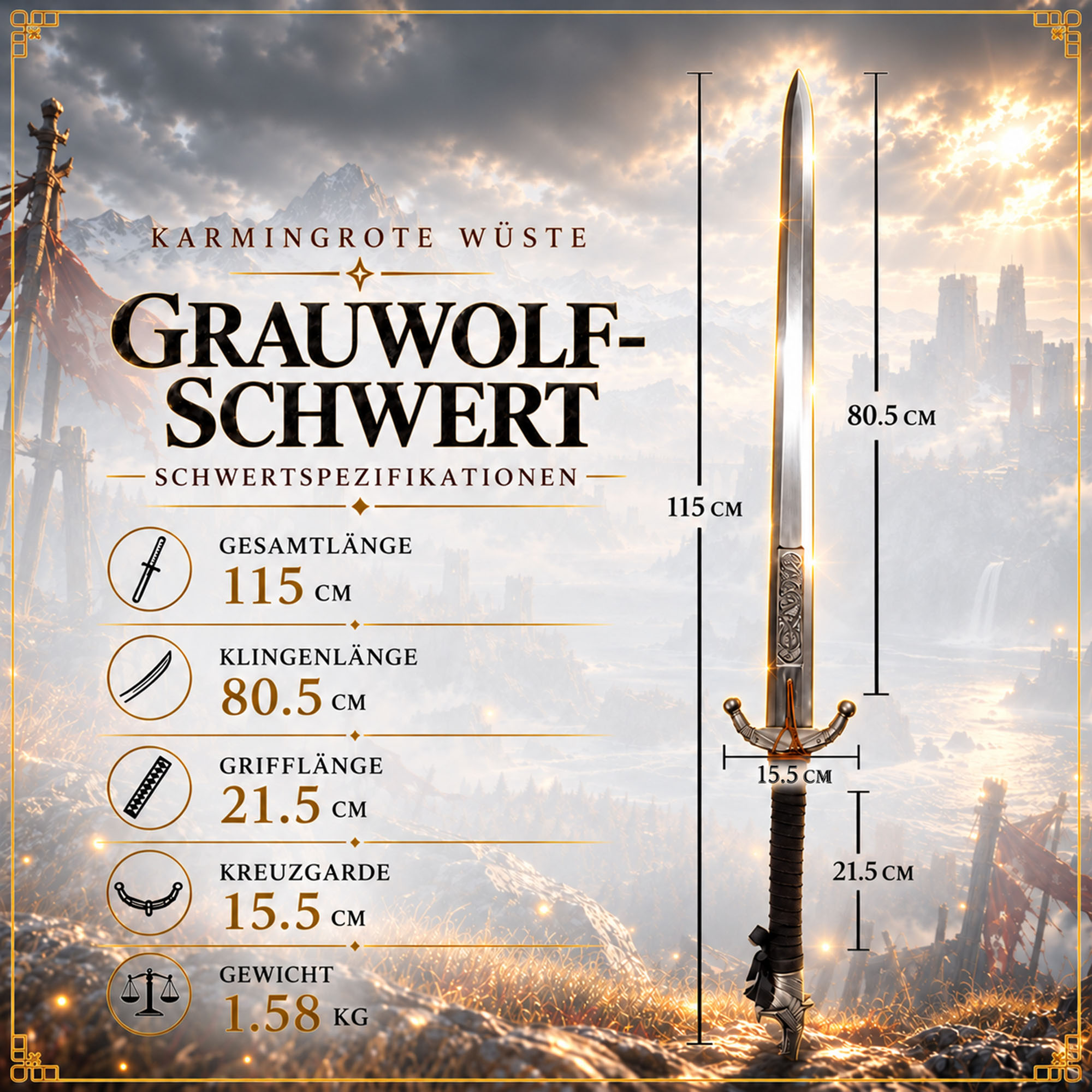 Crimson Desert Grey Wolf Schwert Stahl Replik Inkl Wandtafel Cosplay 115 cm