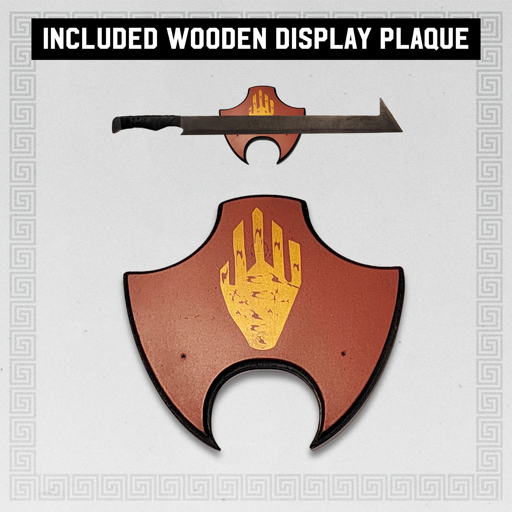 Ork-Krummsäbel aus Mittelerde – Replik aus Kohlenstoffstahl mit Wildleder-Wickelgriff | 102 cm | Inklusive Holz-Wandtafel mit Weißem-Hand-Symbol | Sammlerstück & Wanddeko für Fantasy-Fans