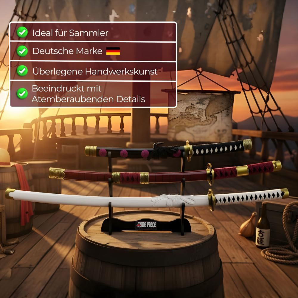 One Piece Roronoa Zoro Schwert-Set 3-teilig: Wado Ichimonji, Sandai Kitetsu & Shuusui | Stahlklingen Katana, Wakizashi & Tanto mit Ständer | Anime Deko Sammlerstück