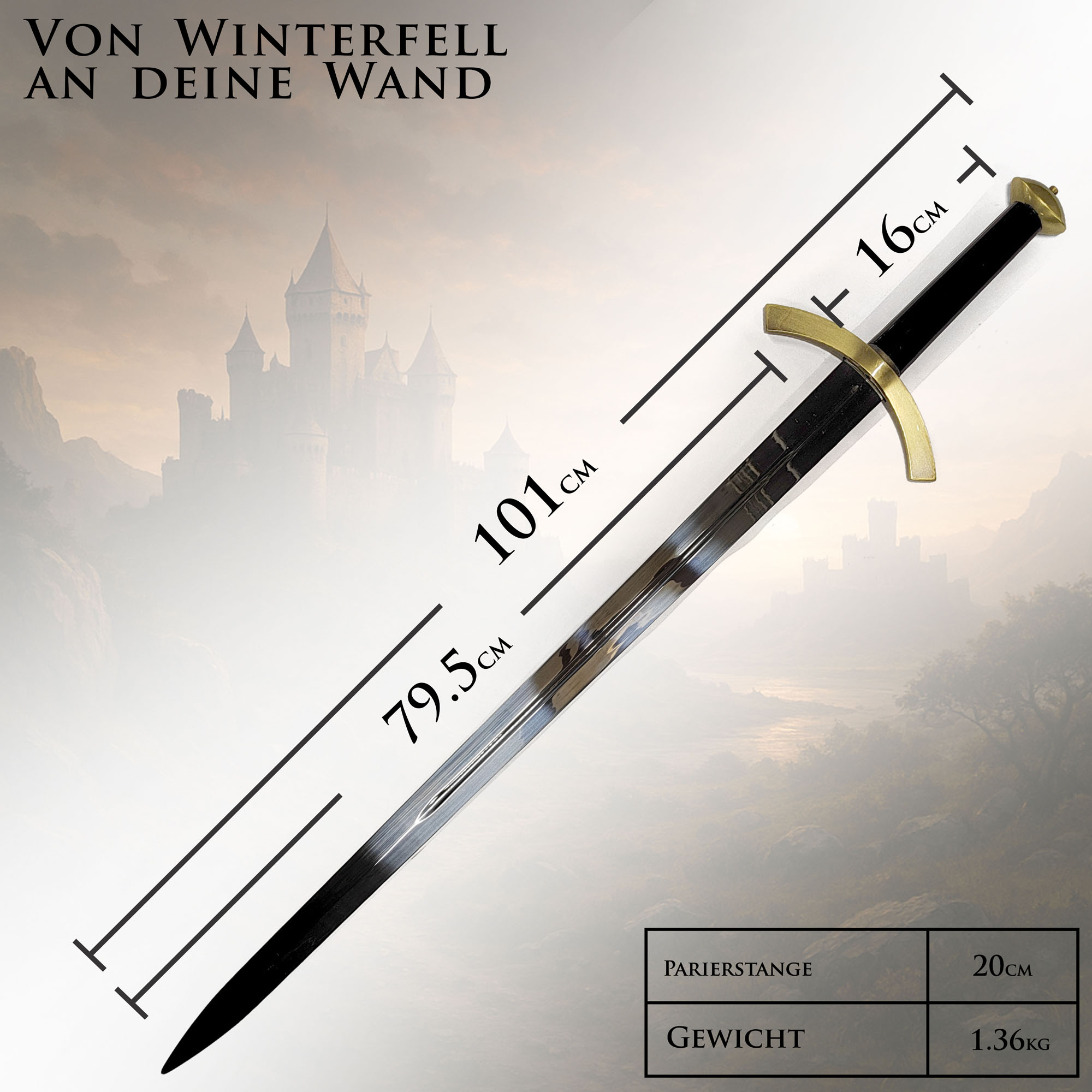 Game of Thrones Schwert von Robb Stark 101cm | Replik des Königs des Nordens mit Wandhalterung | Haus Stark Deko Waffe | GoT Sammlerschwert
