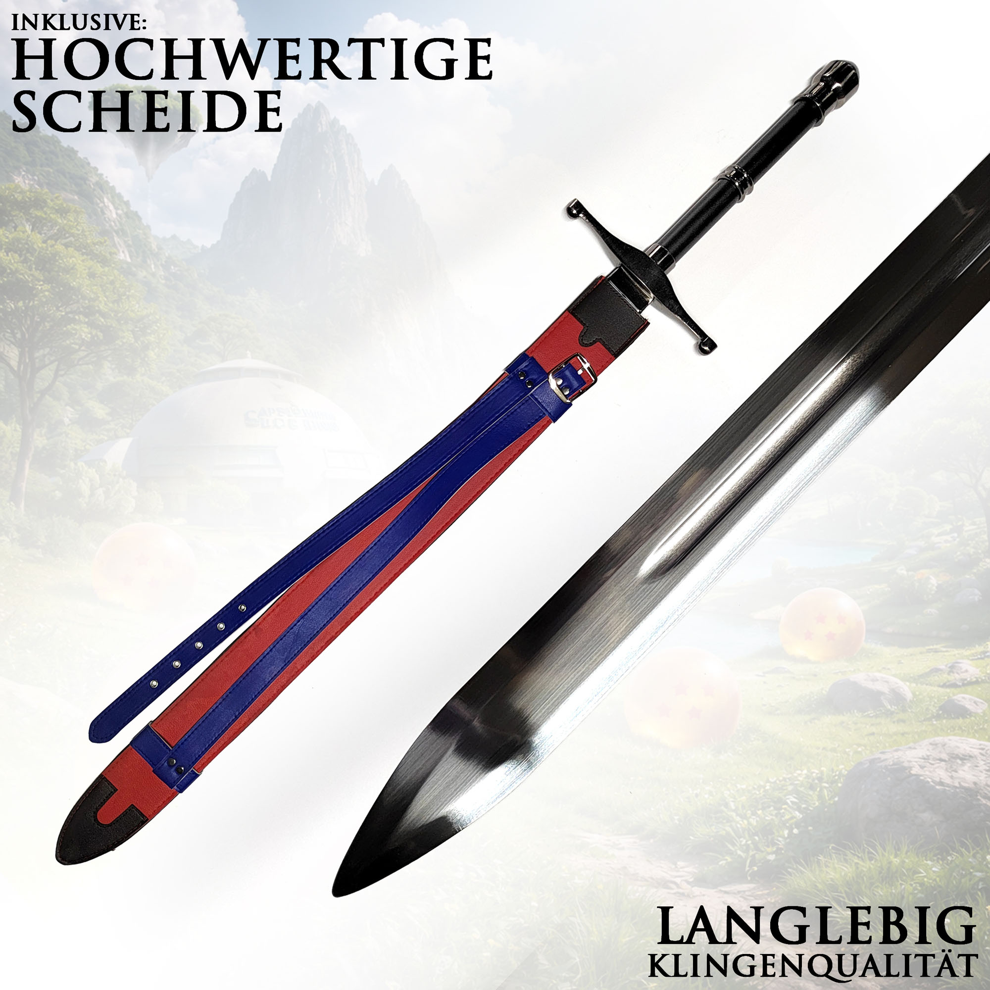 Dragon Ball Z Future Trunks Schwert 112cm | Tapions Schwert aus Stahl mit tragbarer Rückenscheide | DBZ Anime Cosplay Waffe & Gurt | Metall Replik