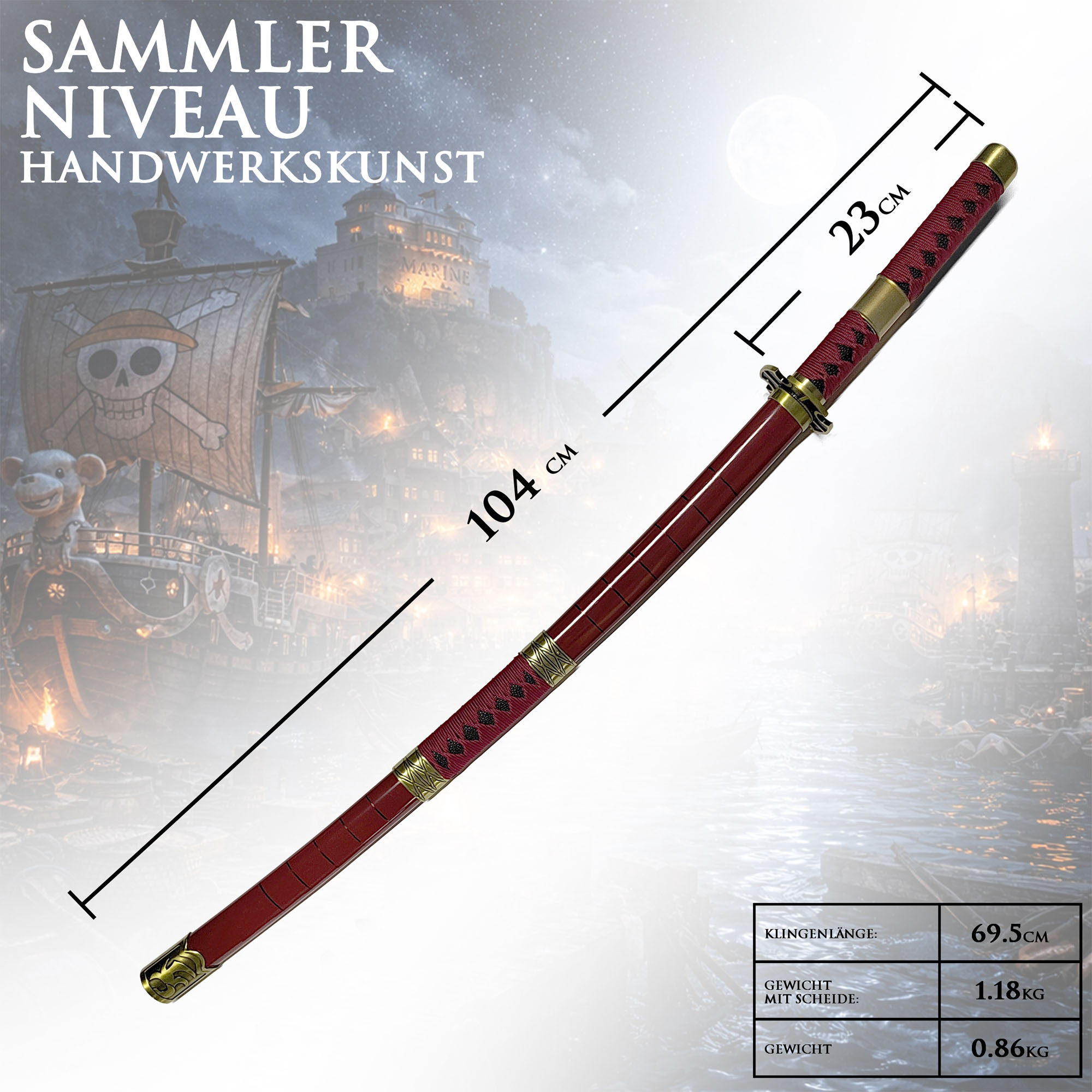One Piece Sandai Kitetsu Katana 104 cm mit LED Klinge – Roronoa Zoro Schwert Replik mit Scheide & Ständer – 1045 Carbonstahl Anime Cosplay Sammlerstück