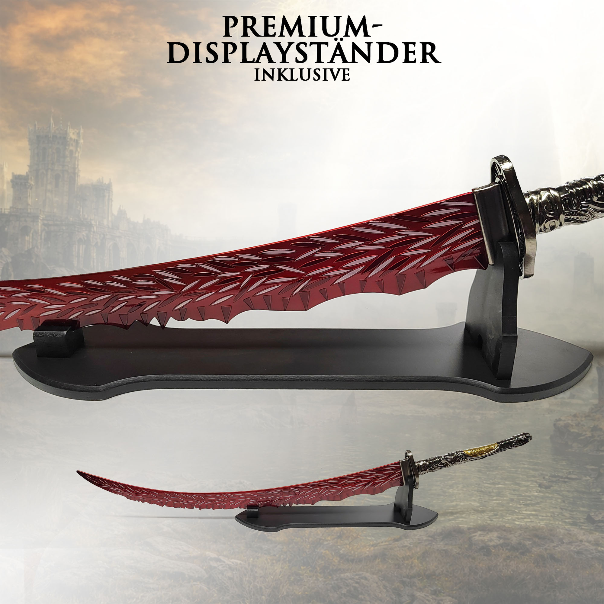 Elden Ring Drachenjäger Großkatana 112cm mit Ständer | Shadow of the Erdtree Waffe aus Stahl | Massives Great Katana mit Metallgriff & Scheide | Gaming Sammlerstück