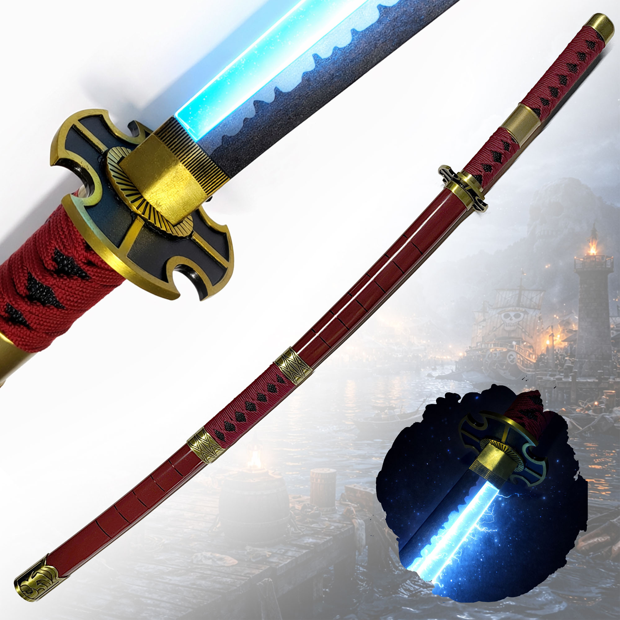 One Piece Sandai Kitetsu Katana 104 cm mit LED Klinge – Roronoa Zoro Schwert Replik mit Scheide & Ständer – 1045 Carbonstahl Anime Cosplay Sammlerstück