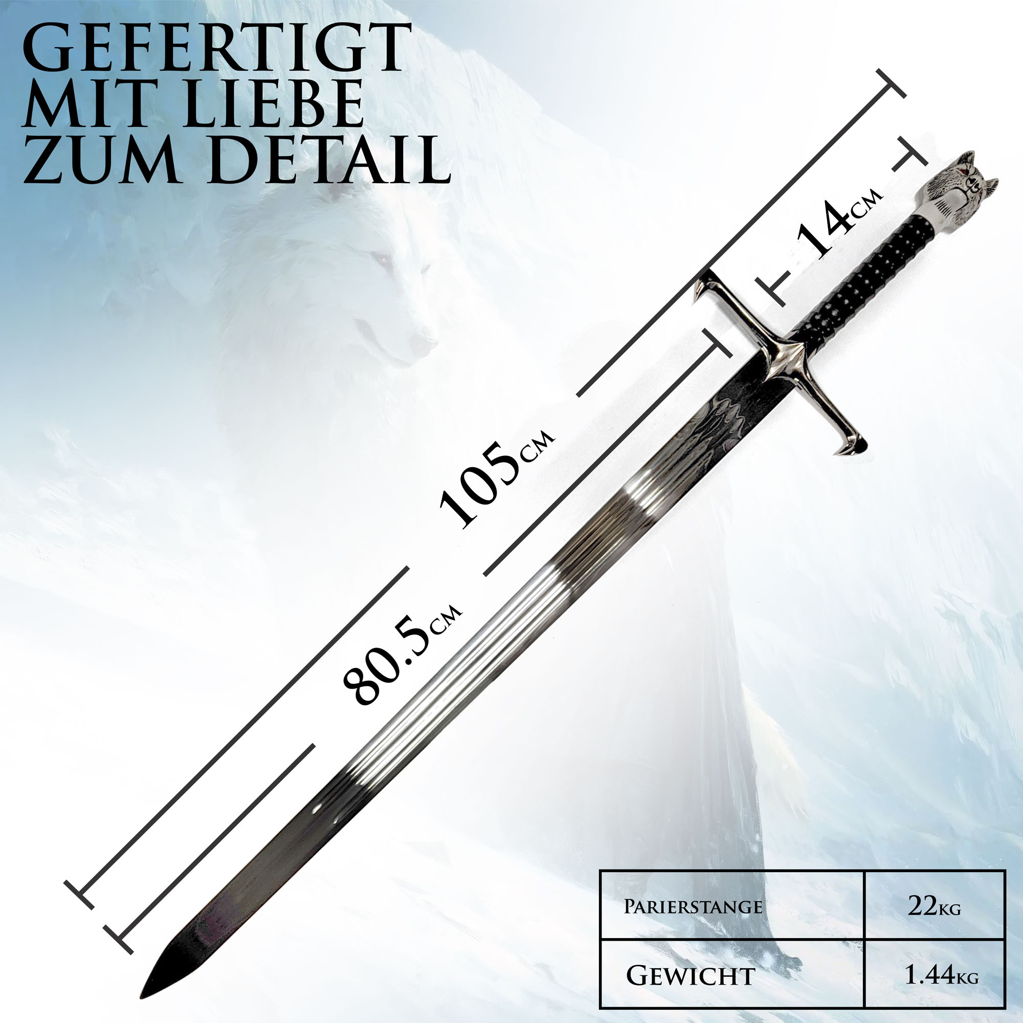 Game of Thrones Schwert Langklaue von Jon Schnee | Longclaw Replik 105cm | Deko Waffe mit Wolfsknauf & Wandhalterung | GoT Sammlerschwert