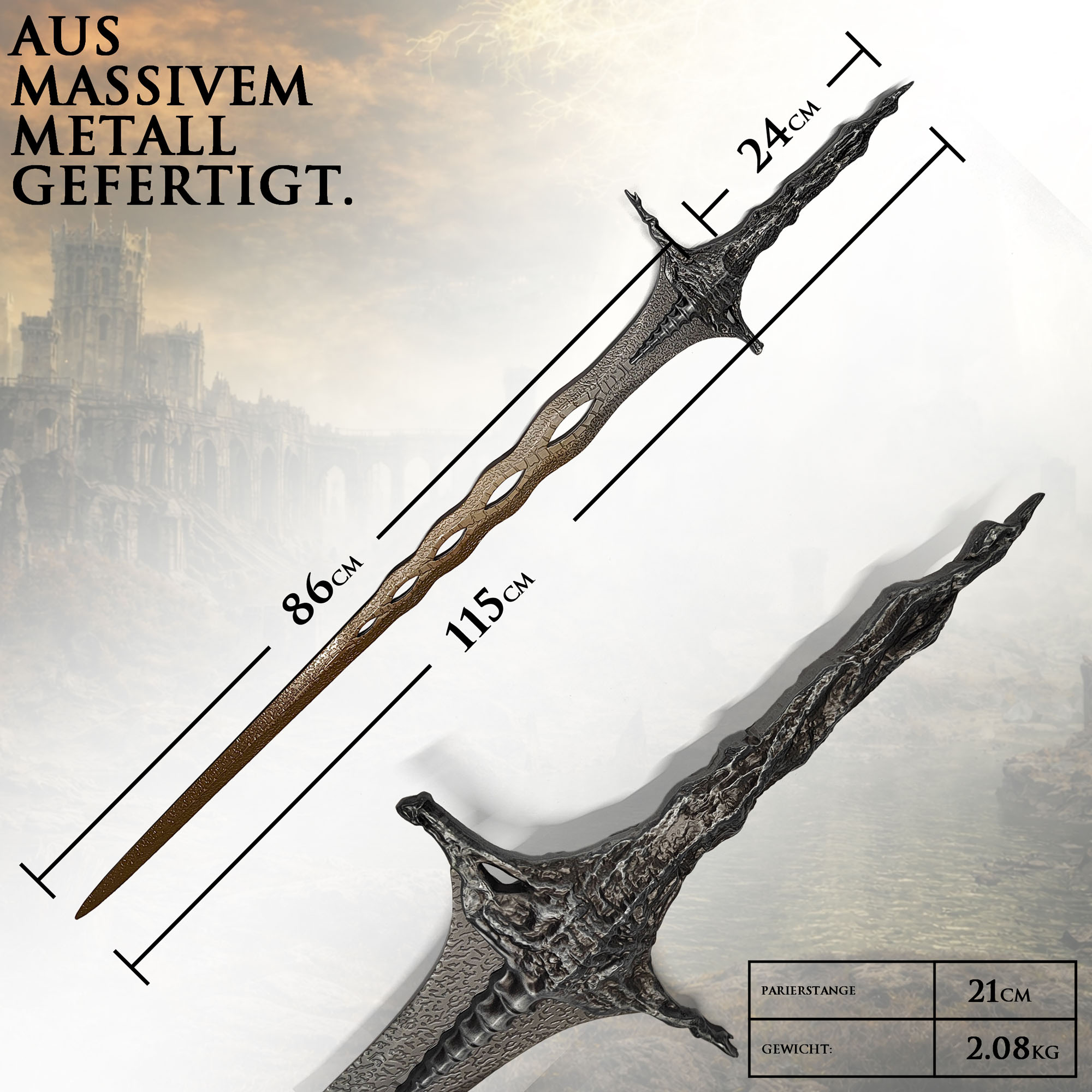 Elden Ring Heiliges Reliquienschwert 115cm mit Wandhalter | Sacred Relic Sword aus Stahl | Eldenbiest Waffe & Welle des Goldes | Massives Metall Sammlerstück (2kg)