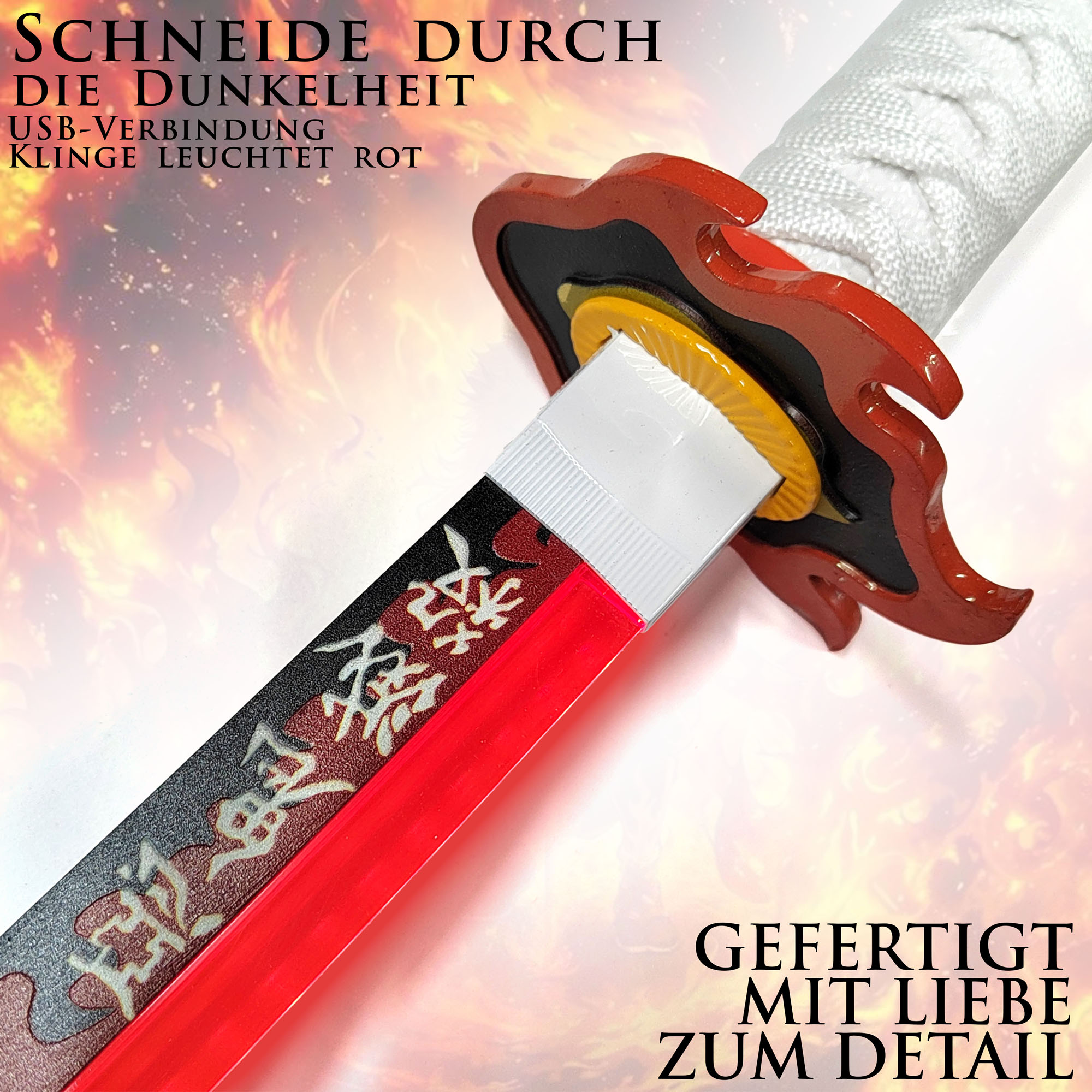 Demon Slayer Rengoku Kyoujurou Schwert mit Scheide (Stahlklinge mit LED-leuchtender Klingenkante)