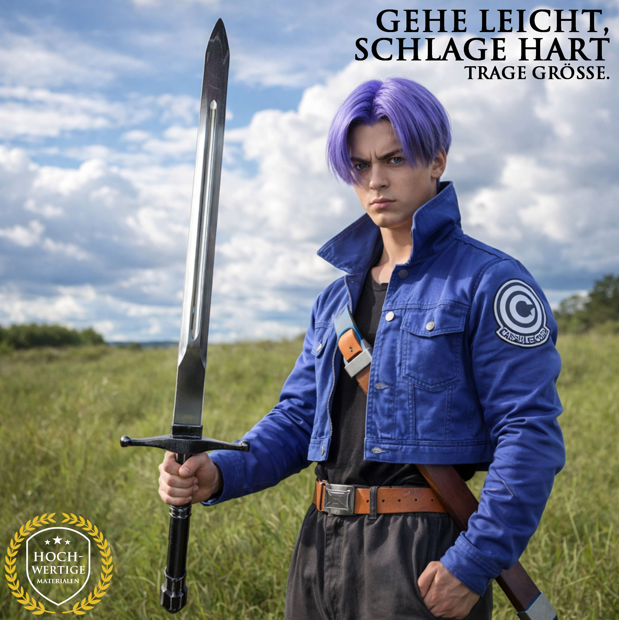 Dragon Ball Z Future Trunks Schwert 112cm | Tapions Schwert aus Stahl mit tragbarer Rückenscheide | DBZ Anime Cosplay Waffe & Gurt | Metall Replik