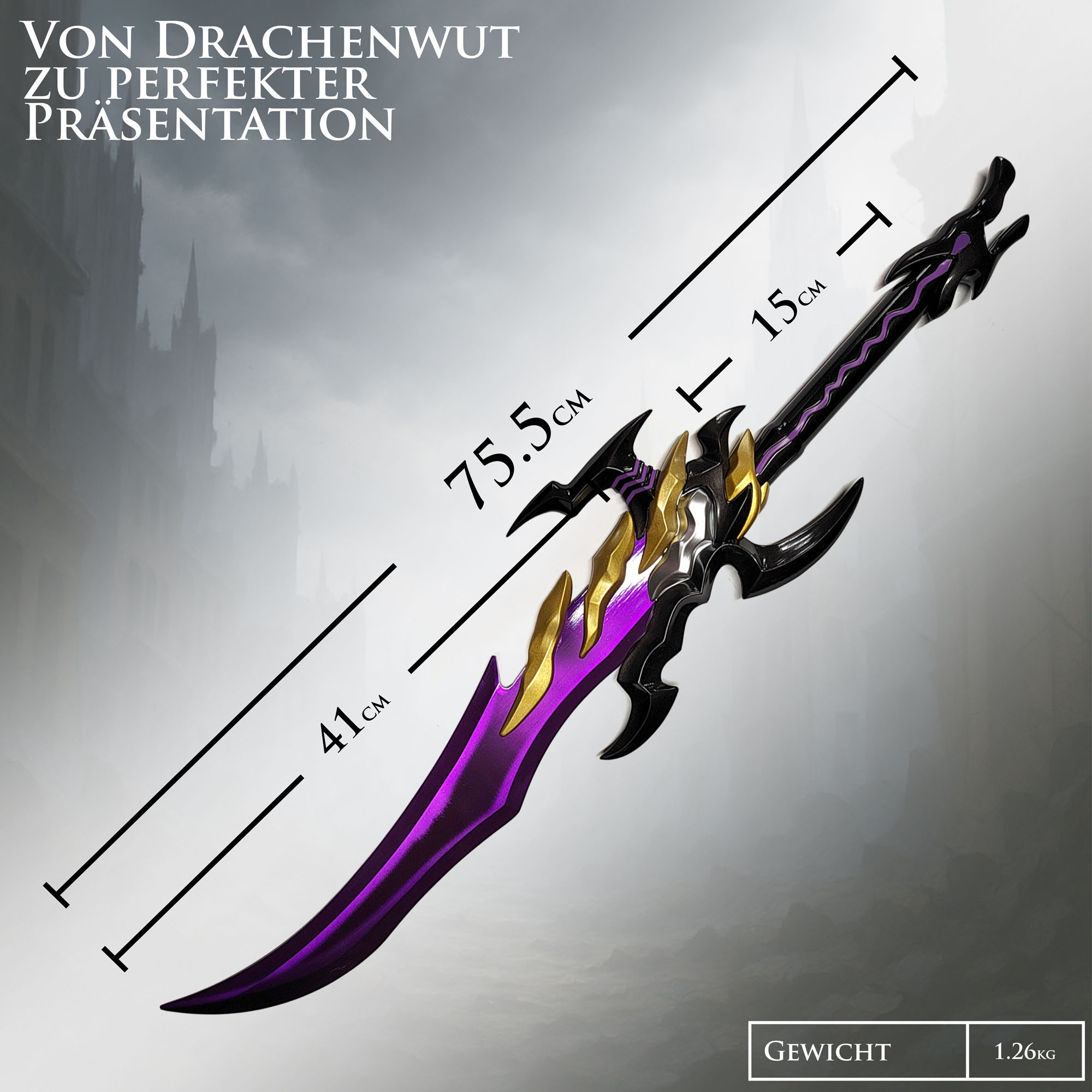 Solo Leveling Schwert Antares' Fang von Sung Jinwoo | Massive 75cm Dolch Replik aus Stahl mit Holzständer | Anime Deko Waffe des Schattenmonarchen | Manhwa Sammlerstück