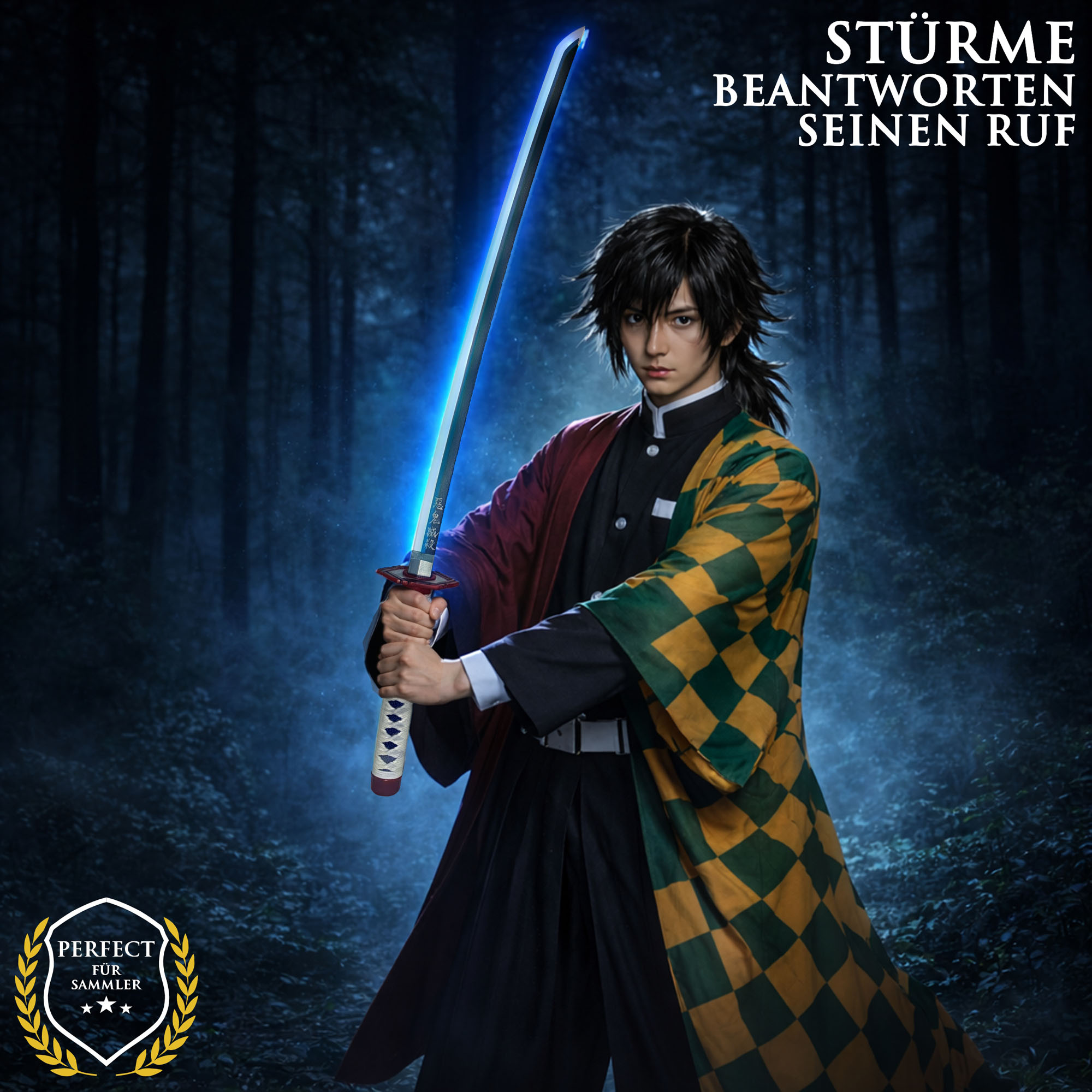 Demon Slayer Giyuu Tomioka Nichirin Katana 104 cm mit LED Klinge – Anime Schwert Replik mit Scheide & Ständer – 1045 Carbonstahl Cosplay Sammlerstück