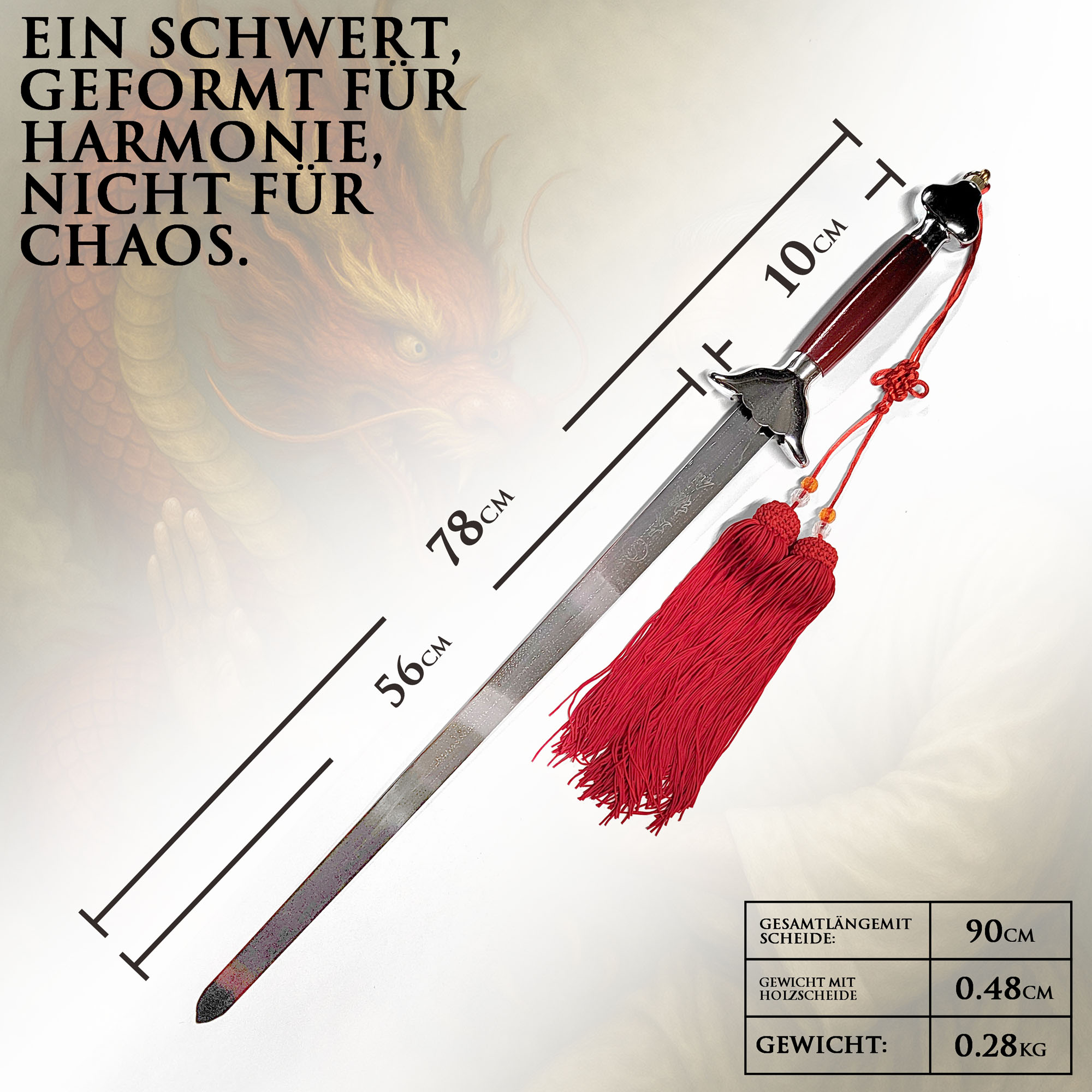 Tai Chi Schwert Jian kurz 56cm Klinge | Leichtes Übungsschwert für Kinder & Einsteiger | Festes Chinesisches Schwert mit Holzscheide & Tasche | Kung Fu & Qigong