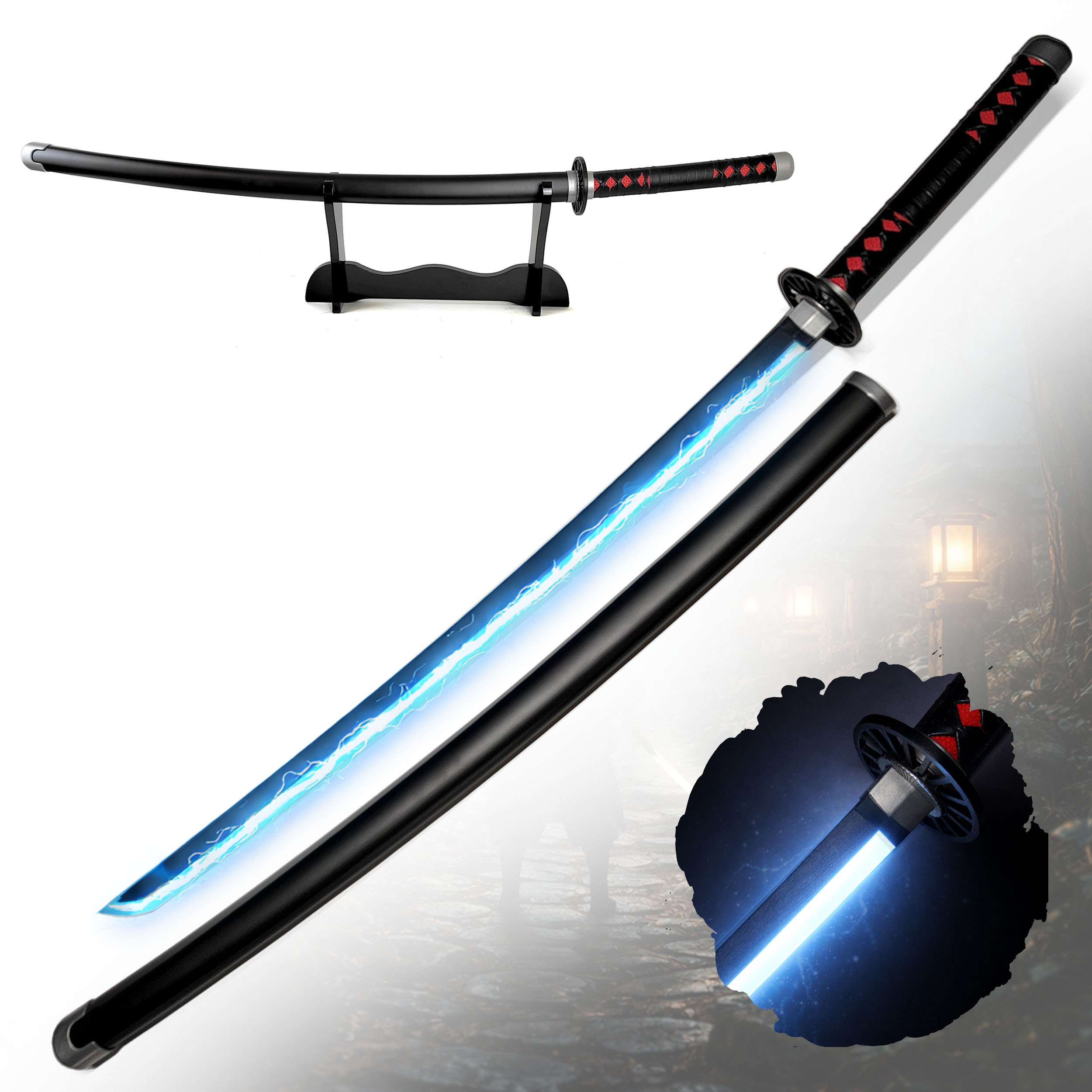 Demon Slayer Tanjirou Kamado Nichirin Katana 104 cm mit LED Klinge – Anime Schwert Replik mit Scheide & Ständer – 1045 Carbonstahl Cosplay Sammlerstück