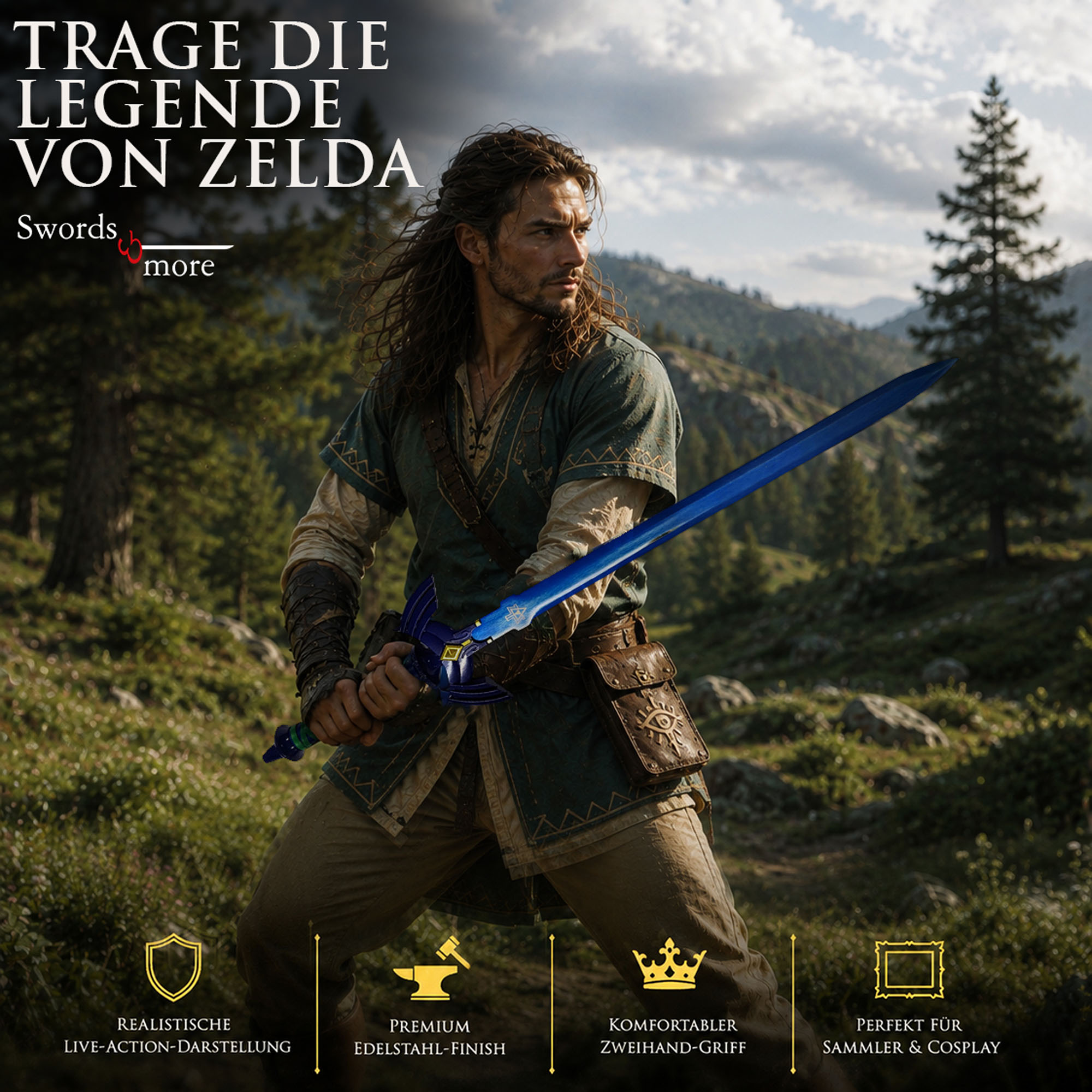Zelda Master-Schwert Link: Blaue Stahlklinge Replik inkl. Holzscheide 108cm
