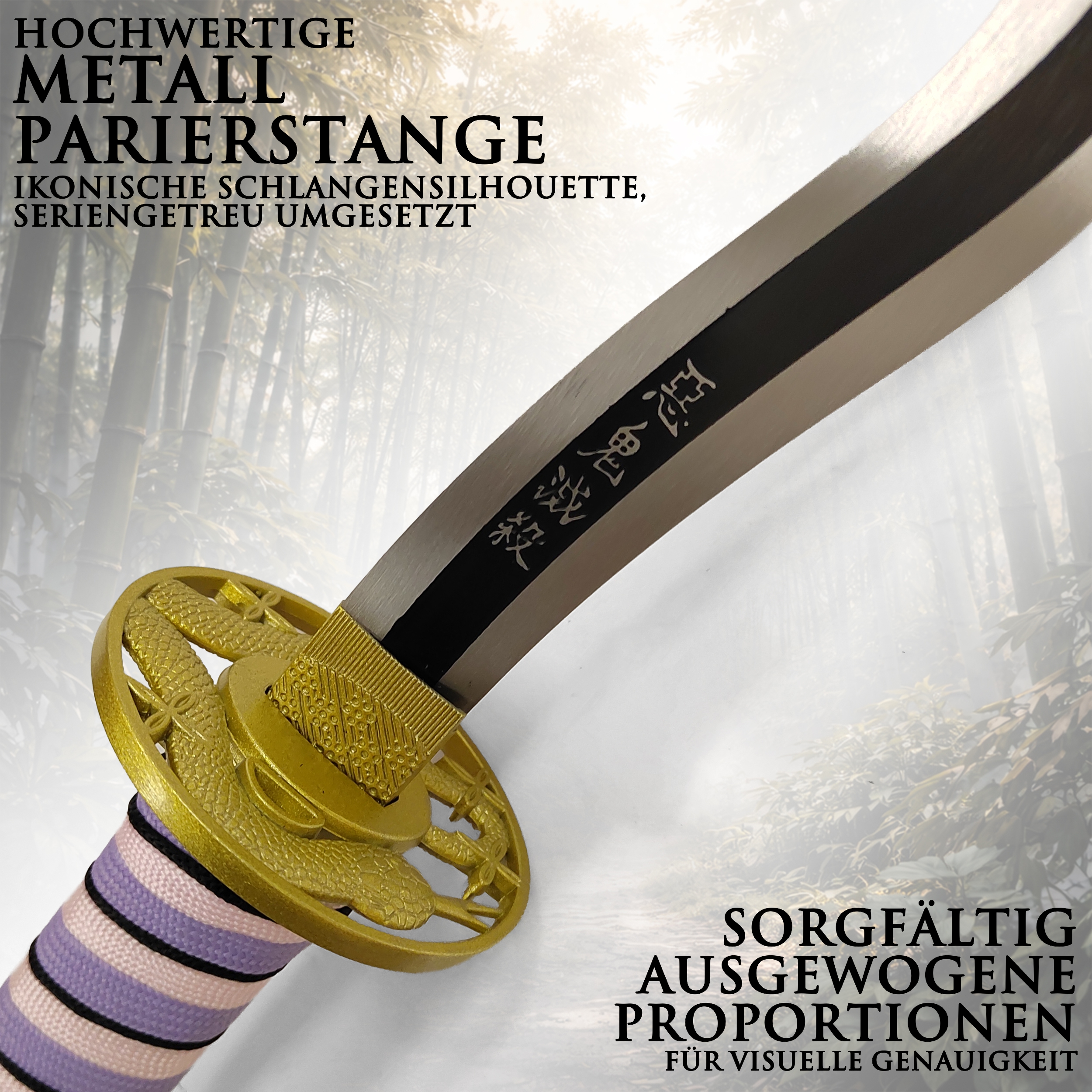 Demon Slayer Obanai Iguro Katana 103 cm mit Scheide – Nichirin Schwert Serpent Hashira – Karbonstahl Klinge Anime Replik mit Holzgriff und Metall Tsuba – Cosplay & Sammlerstück