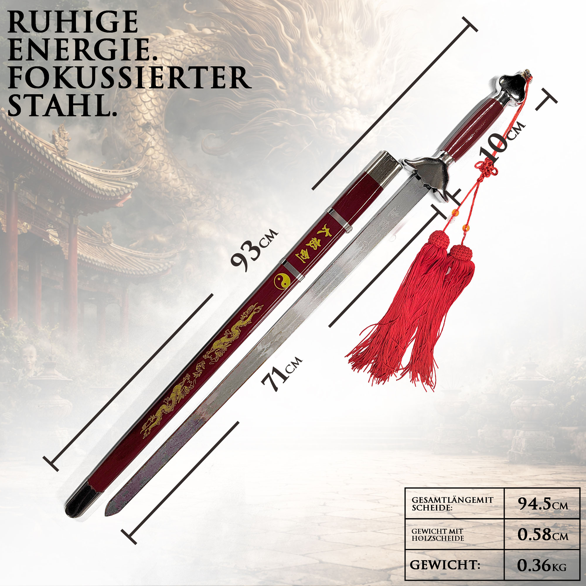 Tai Chi Schwert Jian mit fester Klinge 71cm | Leichtes Übungsschwert aus Stahl mit Holzscheide & Tasche | Chinesisches Schwert für Training, Formen & Meditation