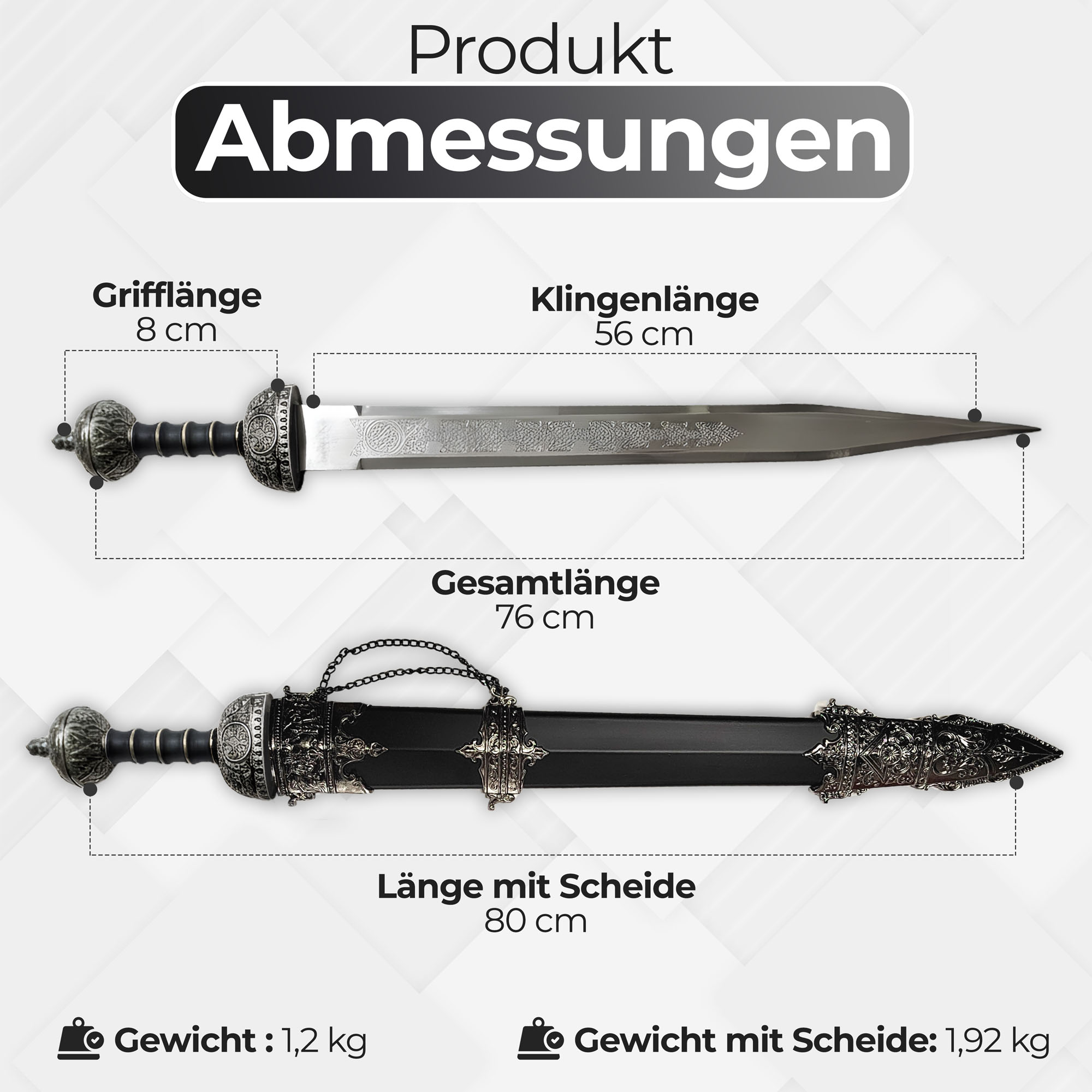 Römisches Gladius Schwert 76cm | Massives Kurzschwert der Römischen Legion (1,2kg Stahlklinge) | Historische Militaria Replik mit Holzscheide & Metallbeschlägen