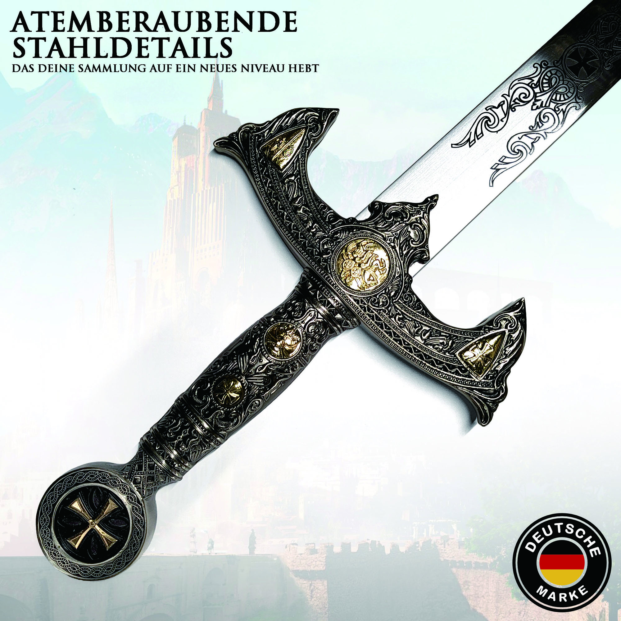 Tempelritter Schwert 118cm | Massives Vollstahl Kreuzritter Schwert (2,1 kg) | Mittelalter Deko Waffe mit Wandhalterung | Knights Templar Replik