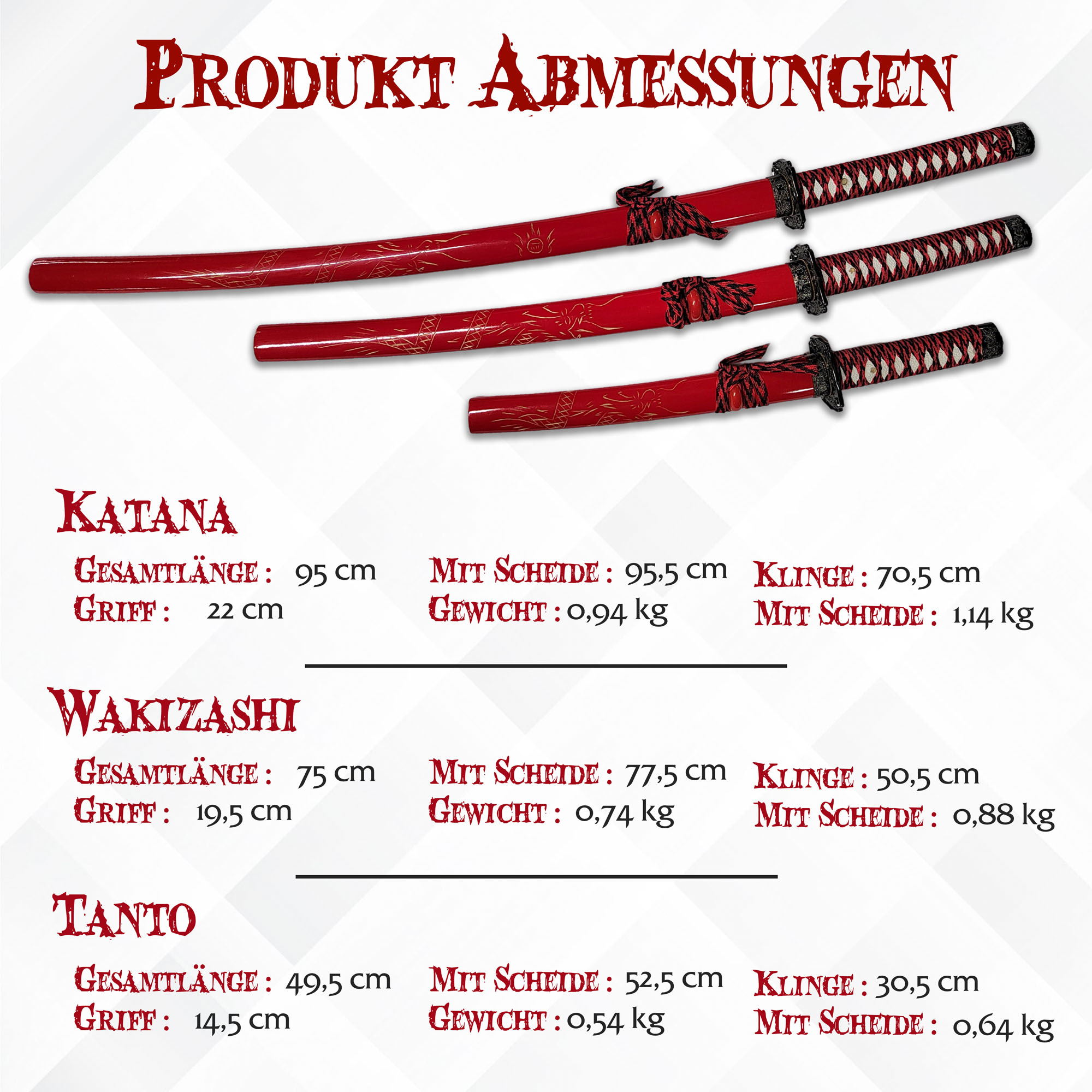 Handgeschmiedetes Samurai Schwert Set Rot (3-teilig) | Katana, Wakizashi & Tanto aus 1050 Kohlenstoffstahl | Inkl. Ständer & Pflegeset | Traditionelles Daisho für Sammler