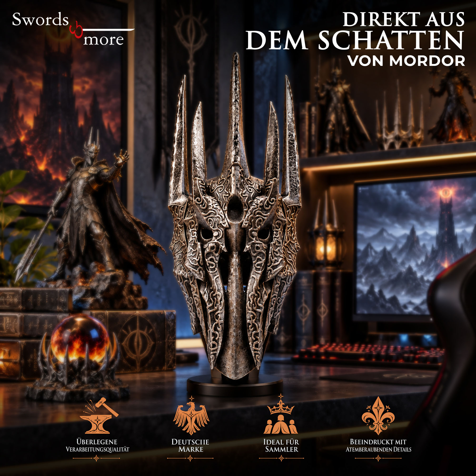 Herr Der Ringe Sauron Helm Resin Replika Deko Inkl Holzständer Stativ 66 cm