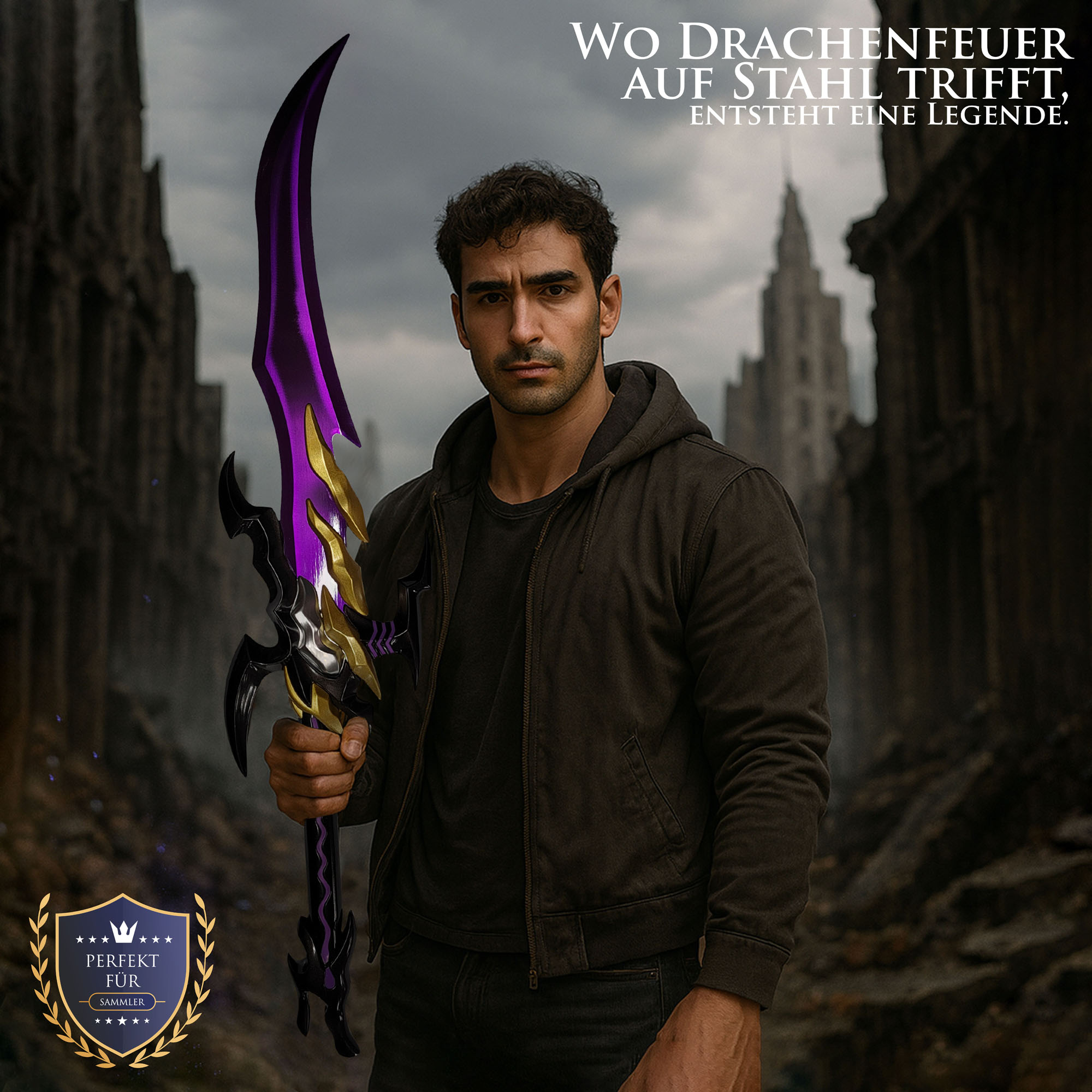Solo Leveling Schwert Antares' Fang von Sung Jinwoo | Massive 75cm Dolch Replik aus Stahl mit Holzständer | Anime Deko Waffe des Schattenmonarchen | Manhwa Sammlerstück