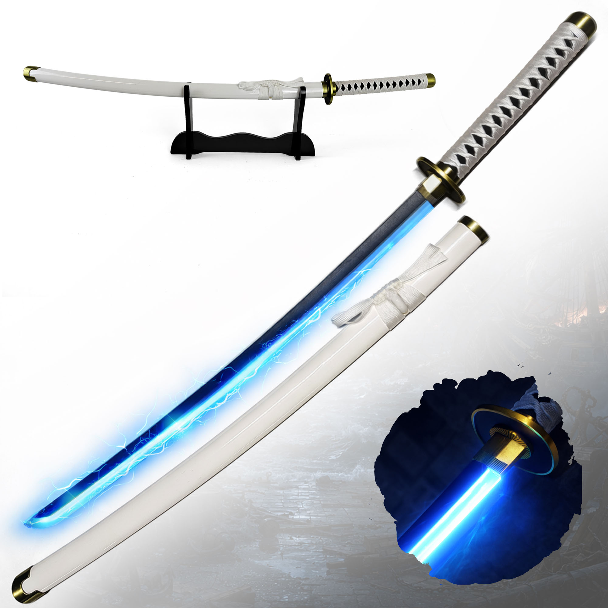 One Piece Wado Ichimonji Katana 104 cm mit LED Klinge – Roronoa Zoro Schwert Replik mit Scheide & Ständer – 1045 Carbonstahl Anime Cosplay Sammlerstück