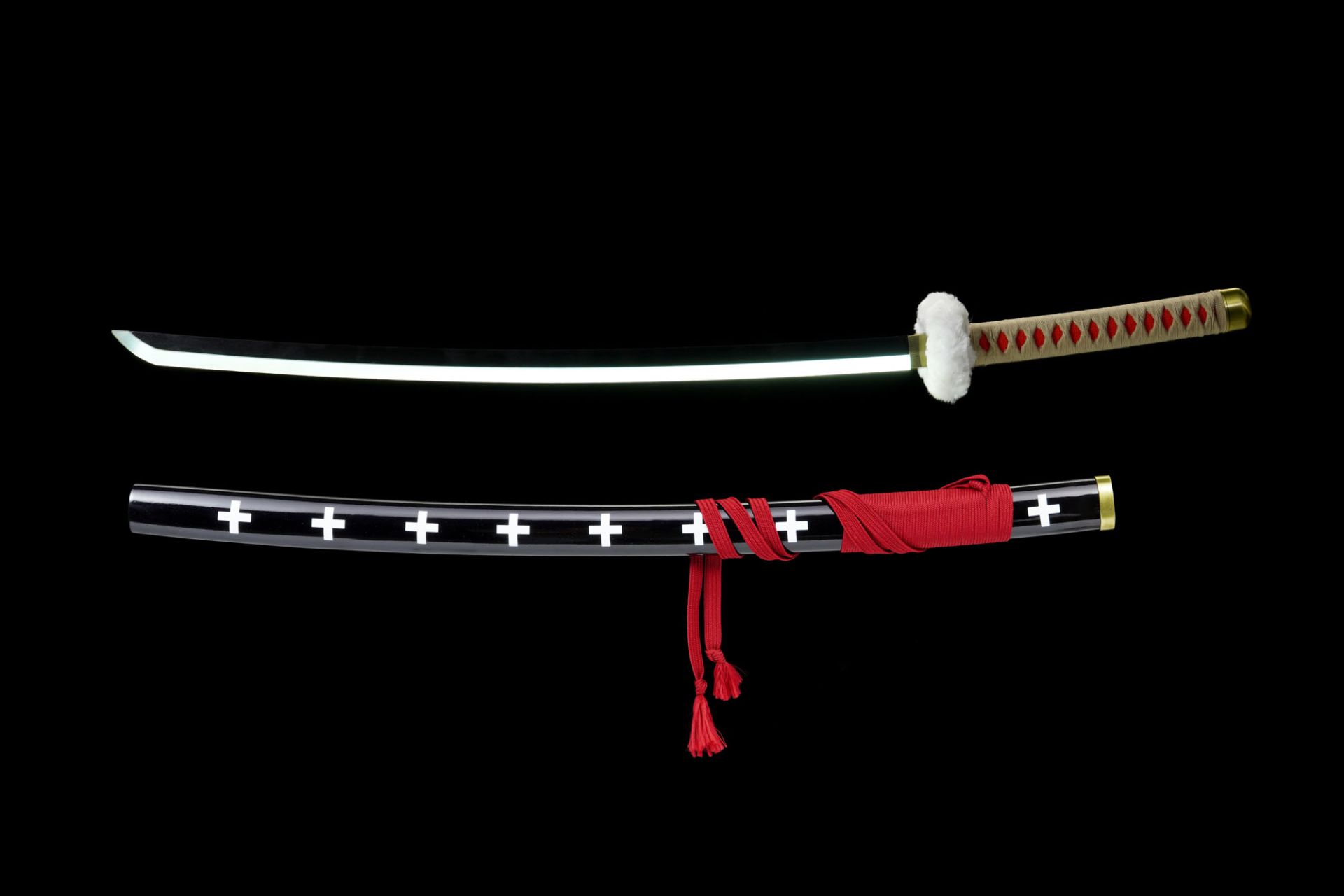 One Piece Trafalgar Law Schwert Kikoku 104cm | 1045 Karbonstahl Katana mit LED-Beleuchtung & USB | Anime Cosplay Waffe & Sammlerstück | Inkl. Hartholz-Scheid