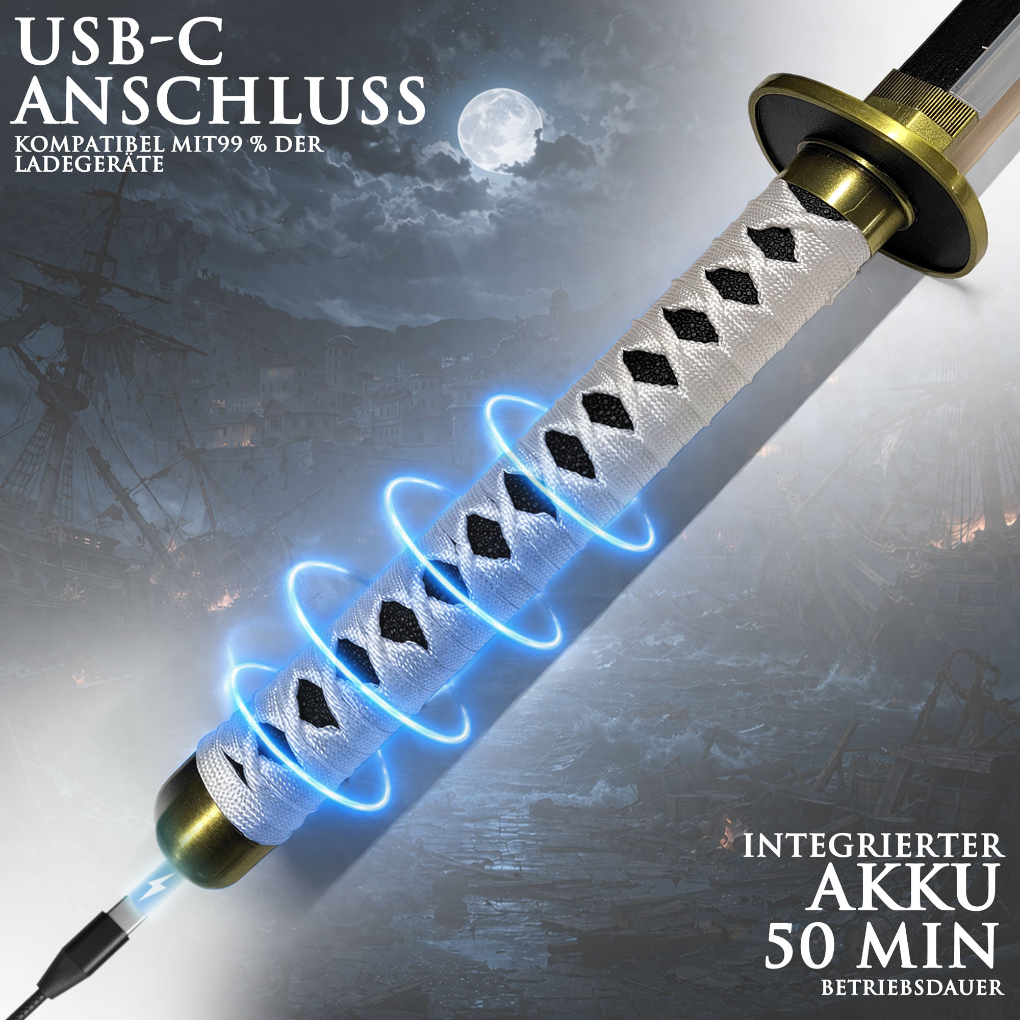One Piece Wado Ichimonji Katana 104 cm mit LED Klinge – Roronoa Zoro Schwert Replik mit Scheide & Ständer – 1045 Carbonstahl Anime Cosplay Sammlerstück
