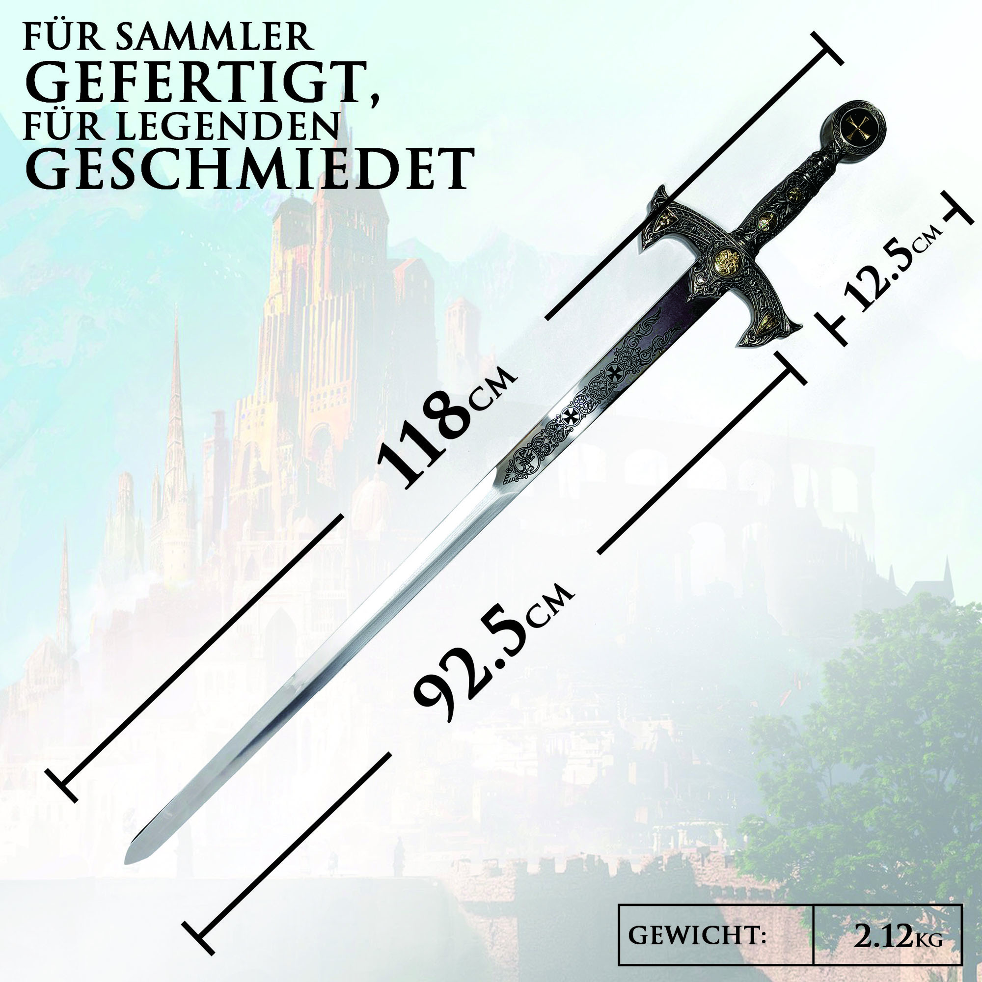Tempelritter Schwert 118cm | Massives Vollstahl Kreuzritter Schwert (2,1 kg) | Mittelalter Deko Waffe mit Wandhalterung | Knights Templar Replik