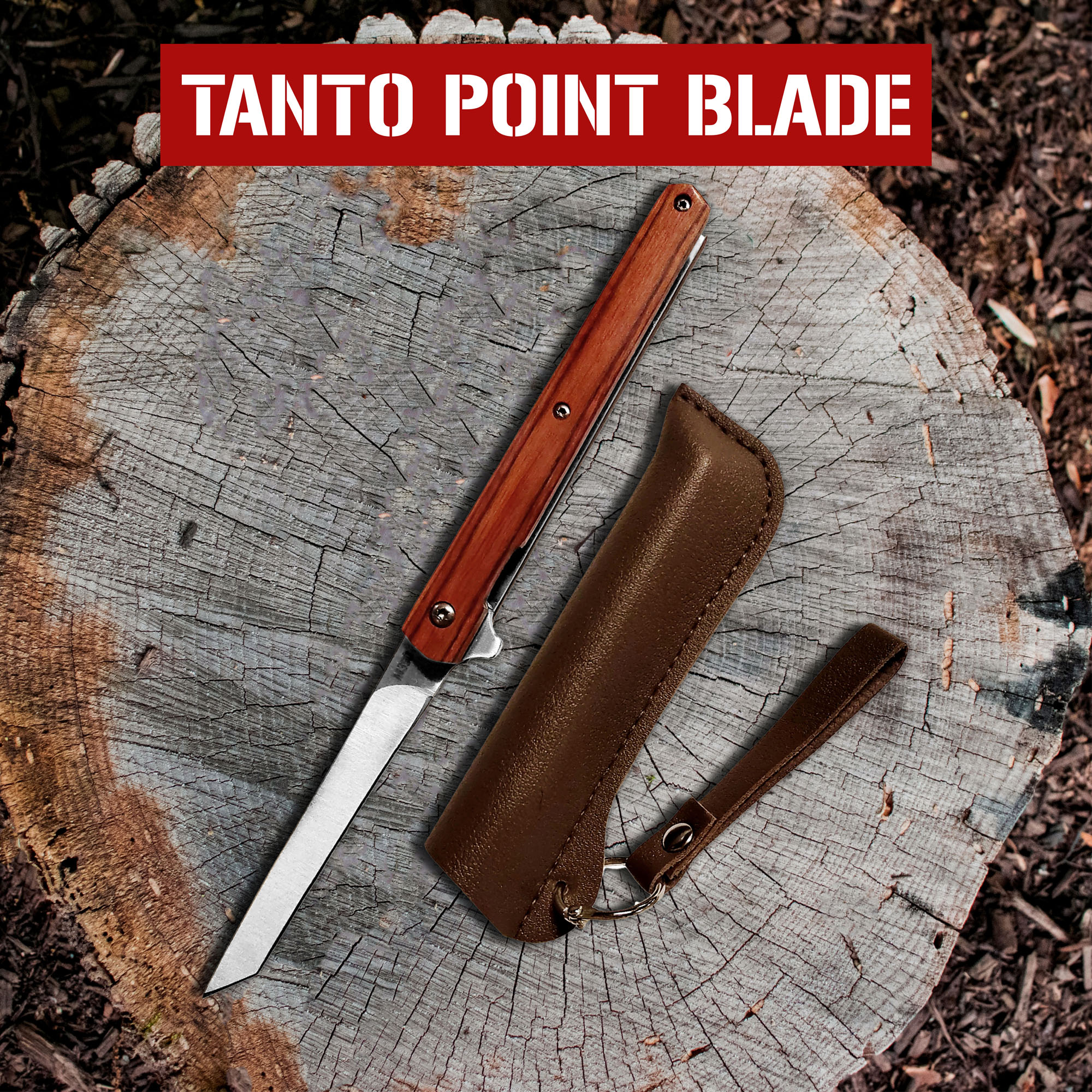 Outdoor Klappmesser Liner Lock, Tanto Point Klinge, brauner Holzgriff mit brauner Lederscheide