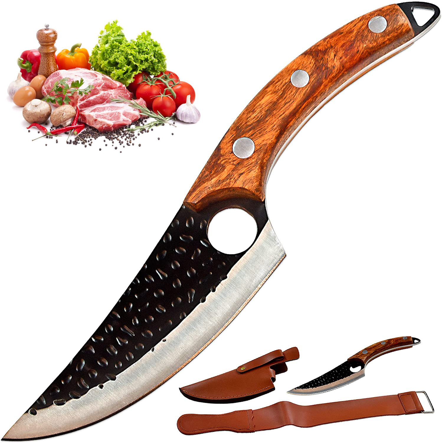 Serbisches Metzgermesser, Fleisch-Hackmesser, Ausbeinmesser mit Scheide und Abziehriemen