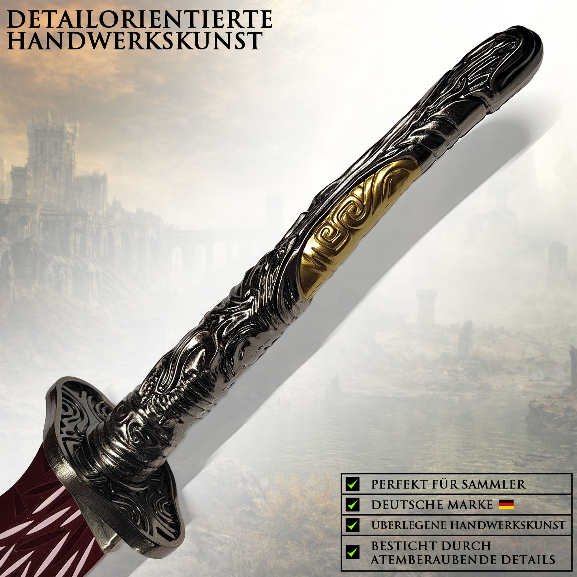 Elden Ring Drachenjäger Großkatana 112cm mit Ständer | Shadow of the Erdtree Waffe aus Stahl | Massives Great Katana mit Metallgriff & Scheide | Gaming Sammlerstück