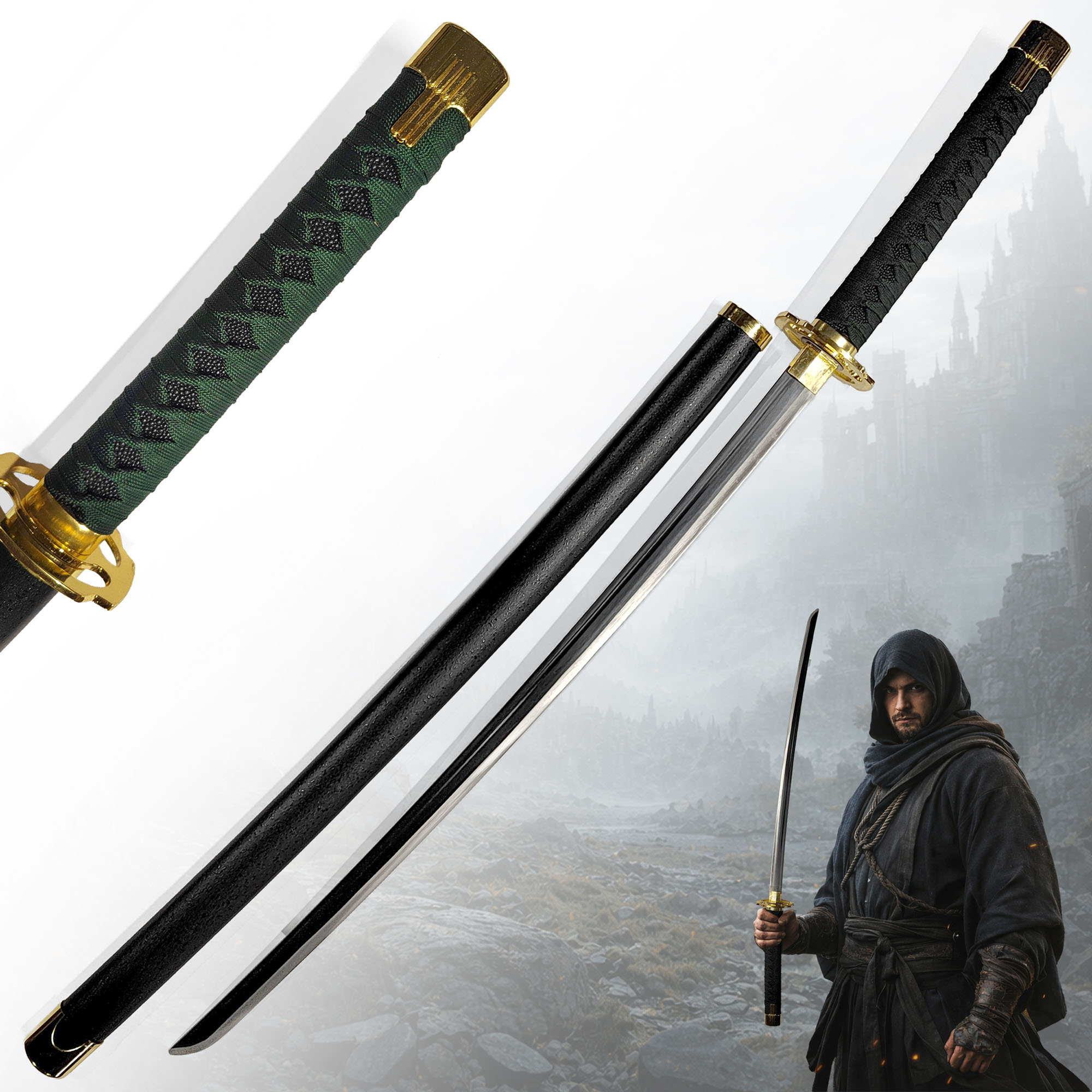 Elden Ring Nagakiba Katana 102cm | Jäger Yura Schwert aus Stahl mit Holzscheide | Bloody Finger Hunter Replik | Leichtes Samurai Cosplay Schwert & Deko