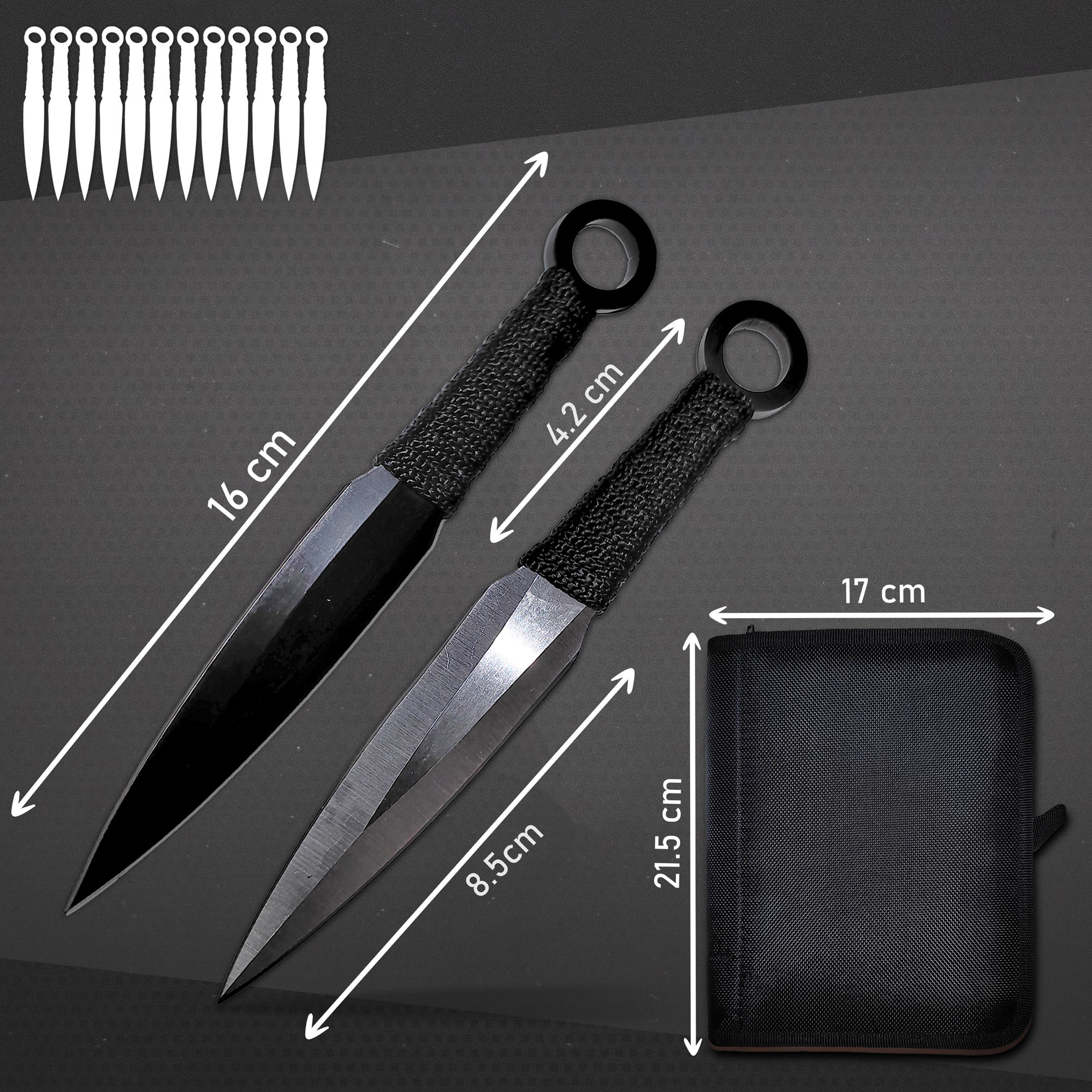 12 Schwarze und Silberne Wurfmesser mit Scheide, Edelstahl-Kunai