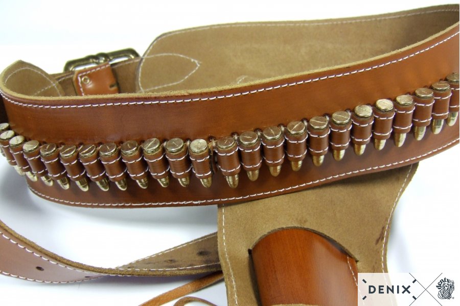 Coltgürtel aus Leder, für 1 Colt, mit 24 Kugeln, mit Sheriffstern
