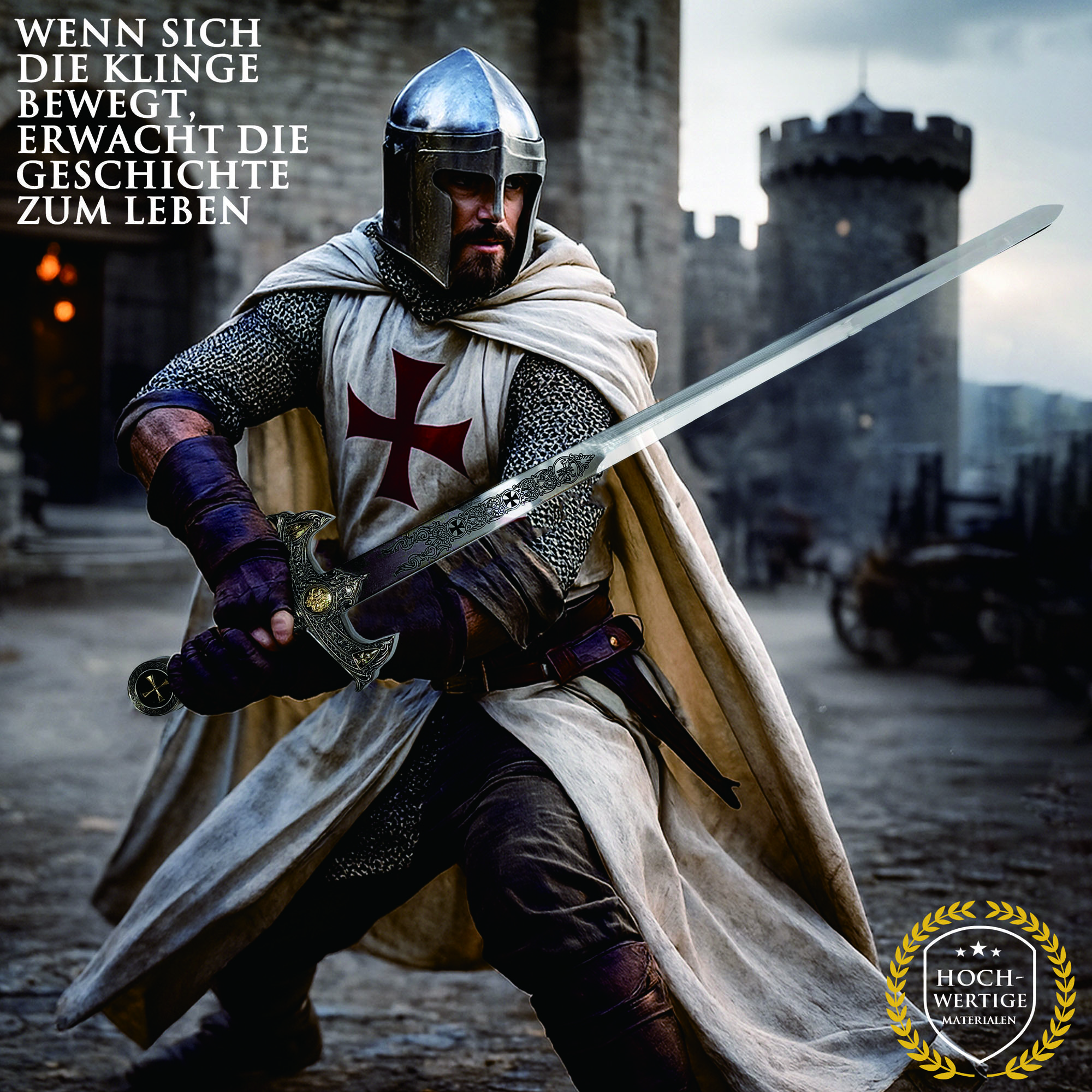 Tempelritter Schwert 118cm | Massives Vollstahl Kreuzritter Schwert (2,1 kg) | Mittelalter Deko Waffe mit Wandhalterung | Knights Templar Replik